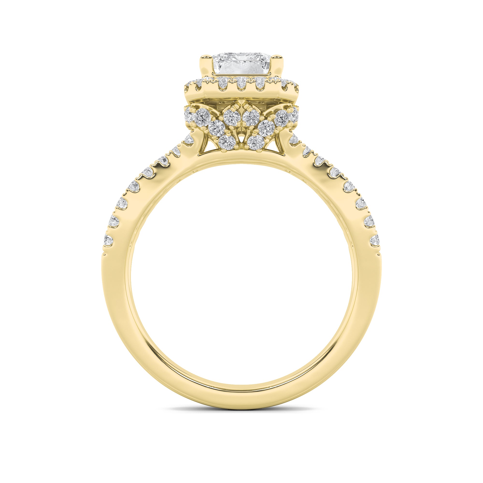 2CTW Emerald Shaped Lab Grown Diamond (F/VS) Split Shank Halo Accented Engagement Ring in 14K Gold