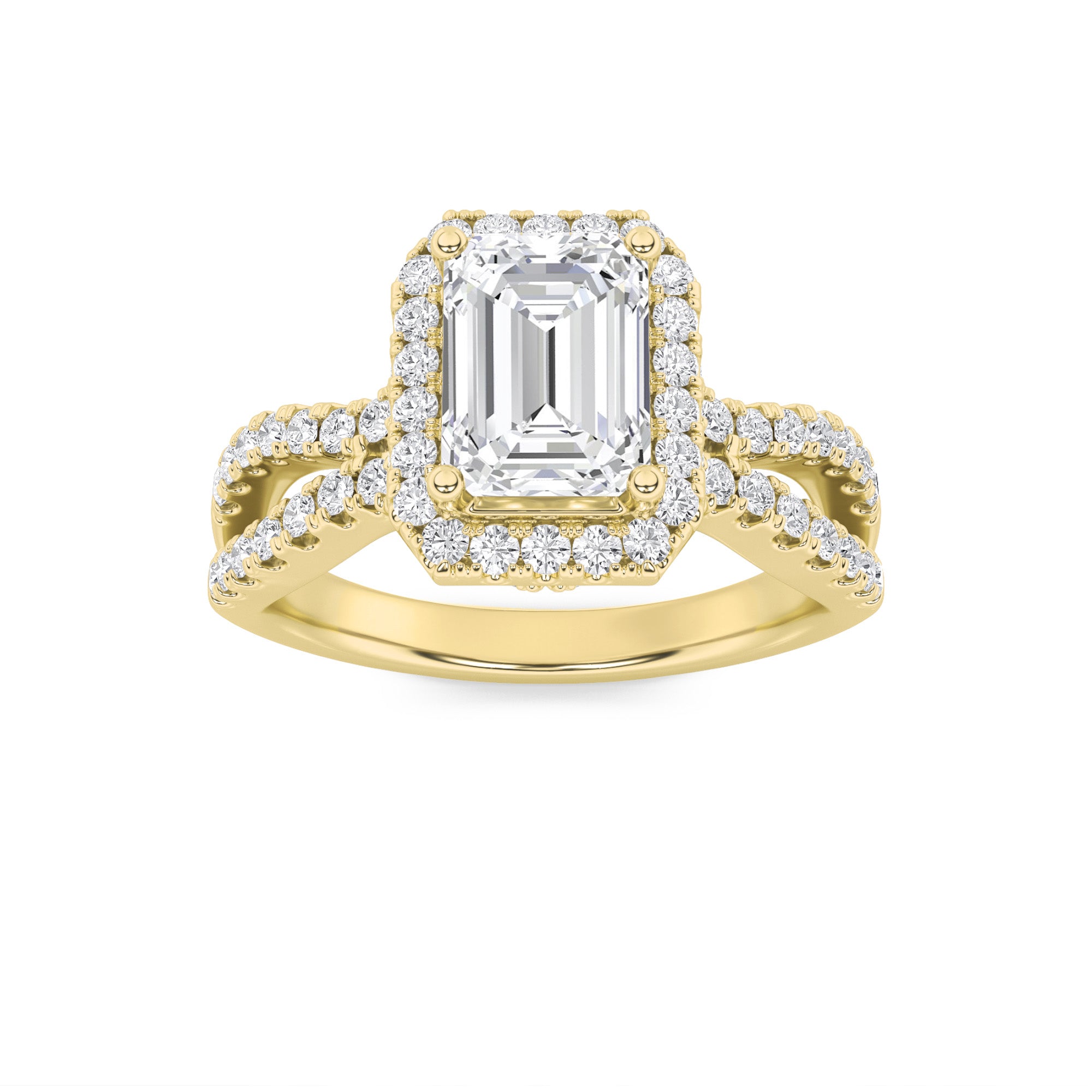 2CTW Emerald Shaped Lab Grown Diamond (G/VS) Split Shank Halo Accented Engagement Ring in 14K Gold
