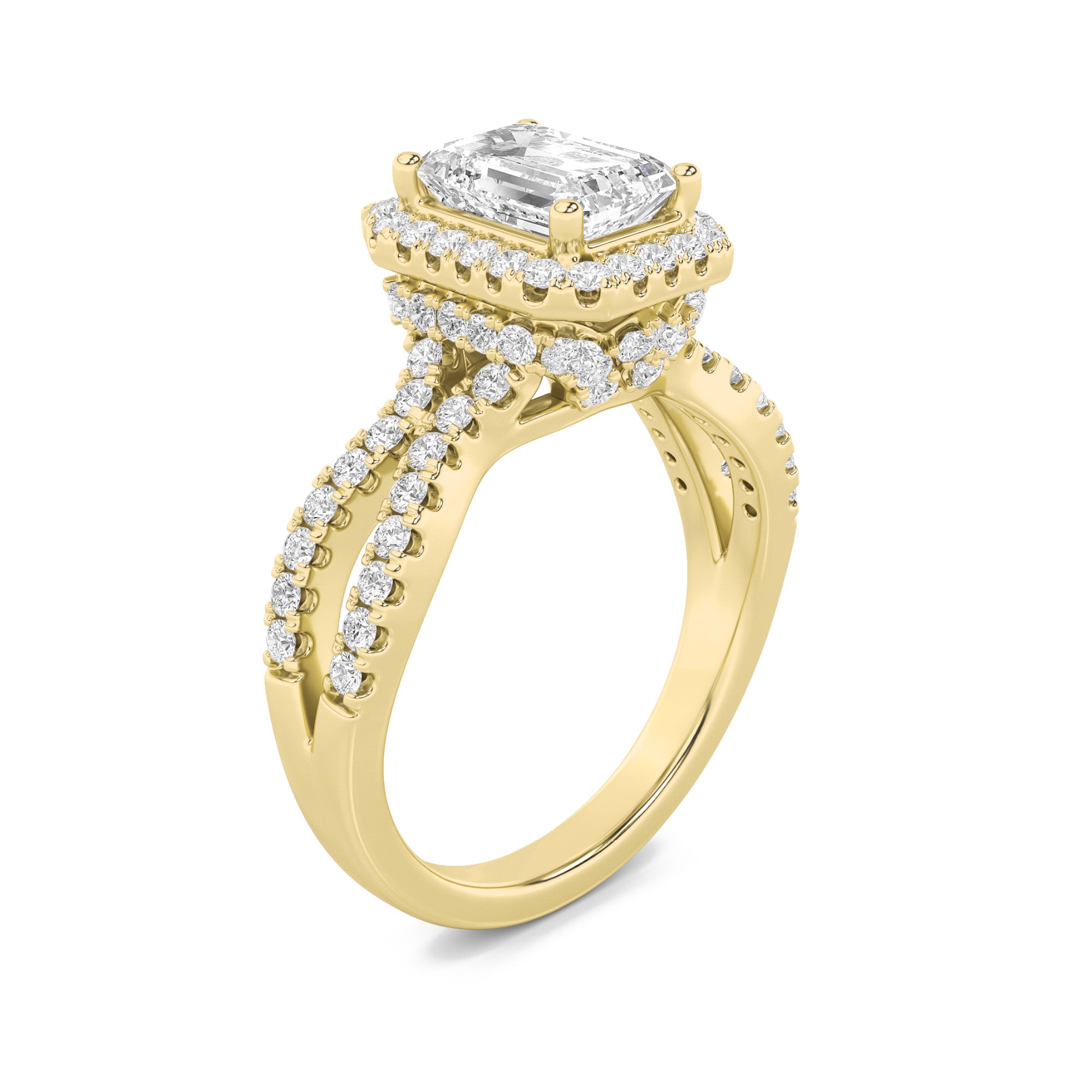 2CTW Emerald Shaped Lab Grown Diamond (G/VS) Split Shank Halo Accented Engagement Ring in 14K Gold