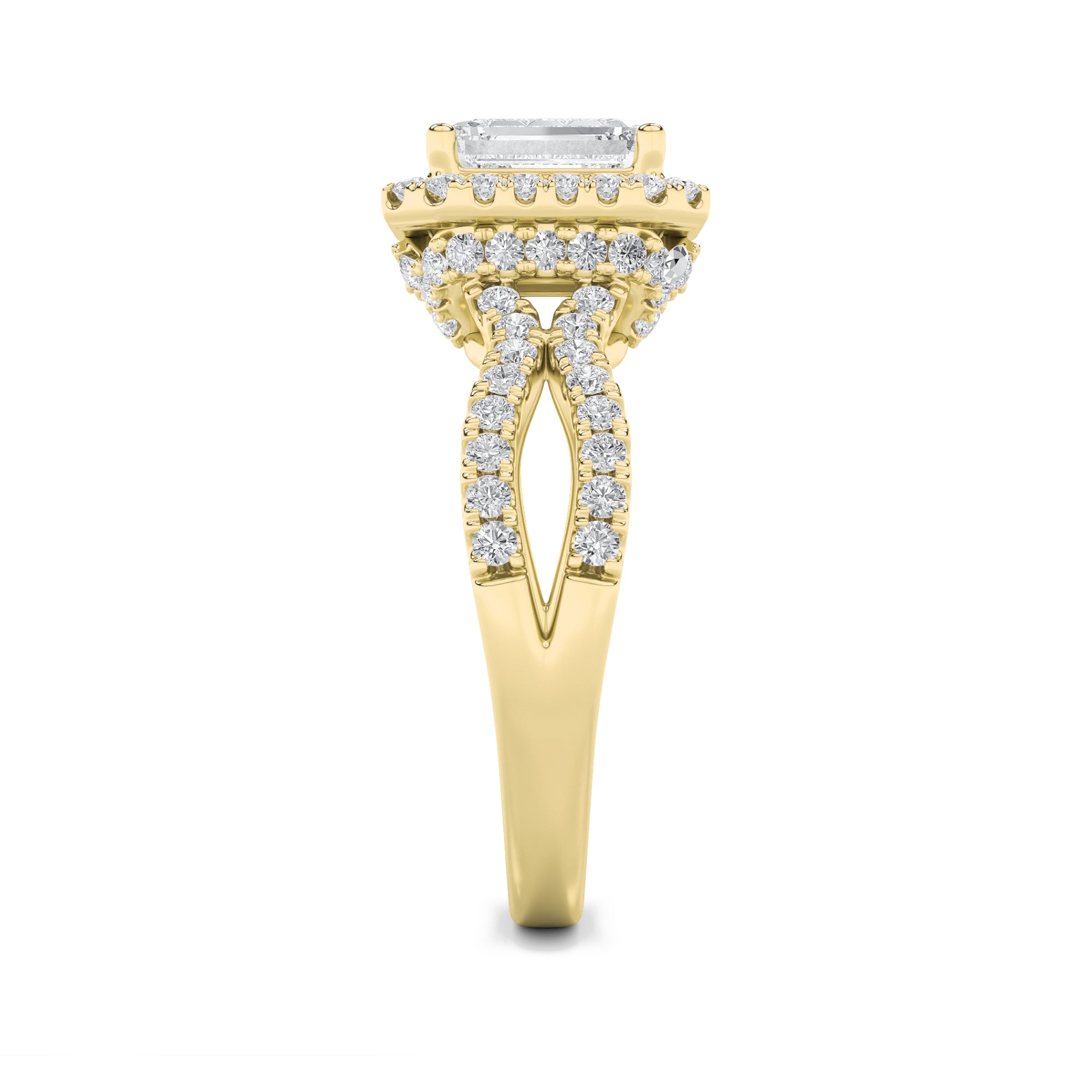 2CTW Emerald Shaped Lab Grown Diamond (G/VS) Split Shank Halo Accented Engagement Ring in 14K Gold