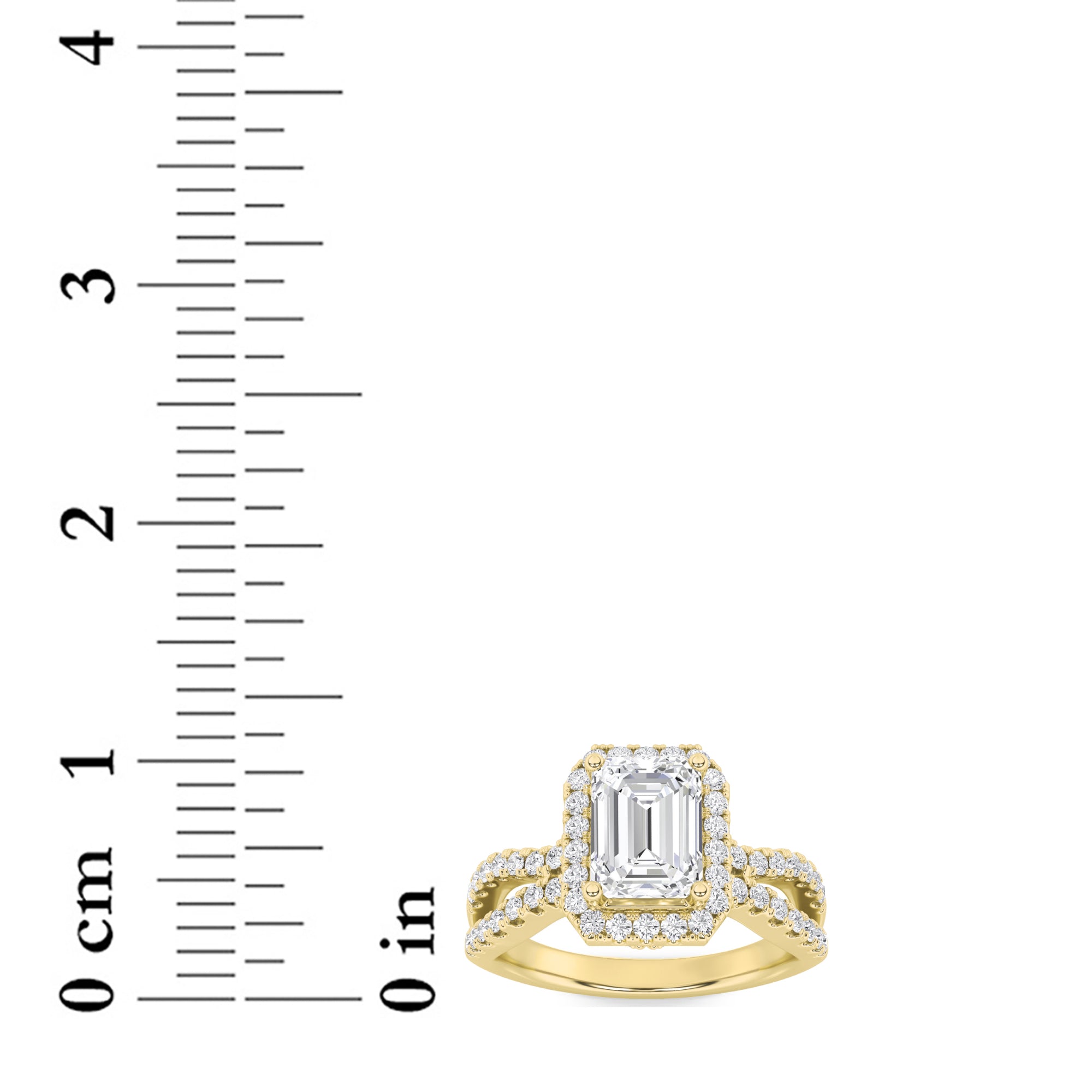 2CTW Emerald Shaped Lab Grown Diamond (G/VS) Split Shank Halo Accented Engagement Ring in 14K Gold