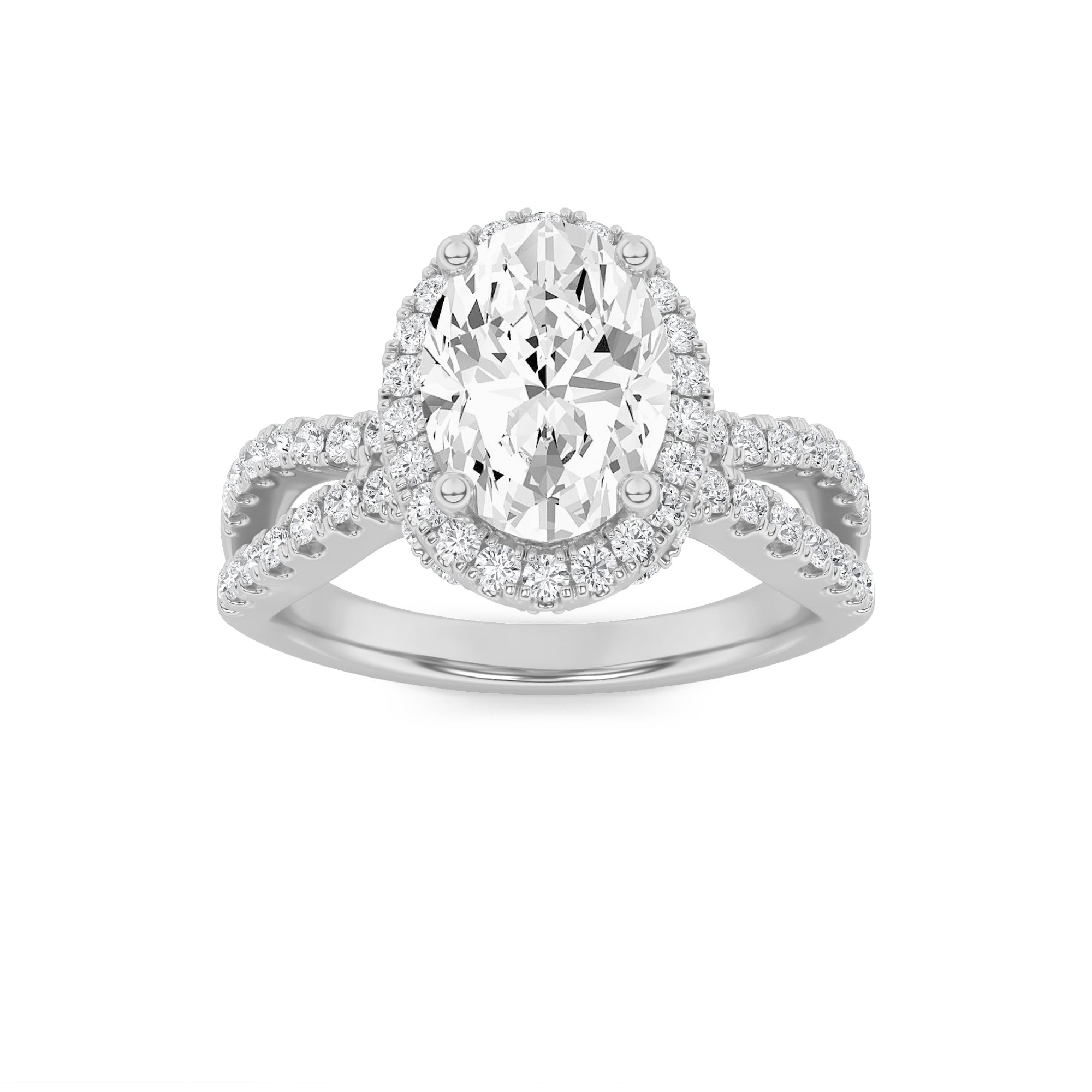 2CTW Oval Shaped Lab Grown Diamond (F/VS) Split Shank Halo Accented Engagement Ring in 14K Gold