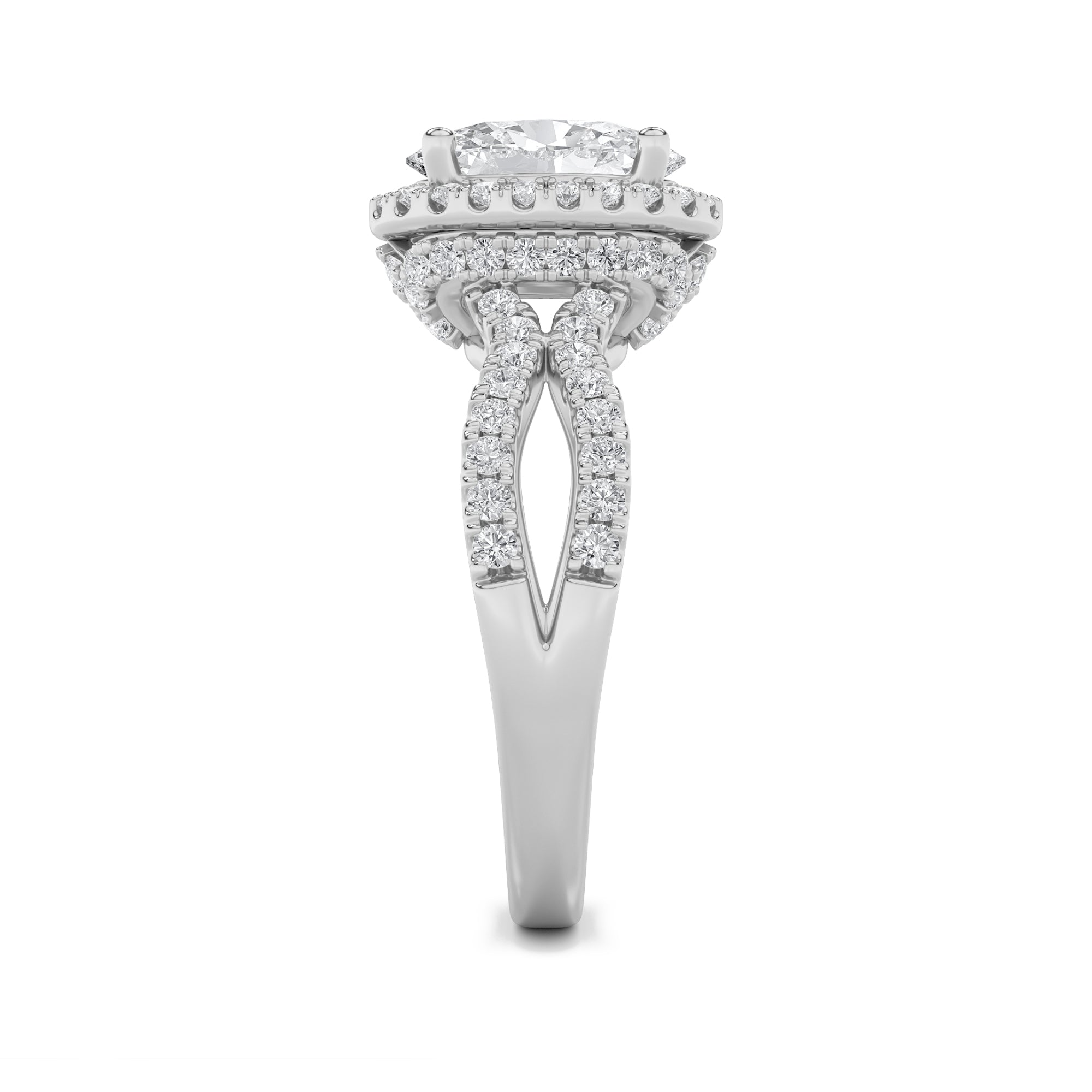 2CTW Oval Shaped Lab Grown Diamond (F/VS) Split Shank Halo Accented Engagement Ring in 14K Gold