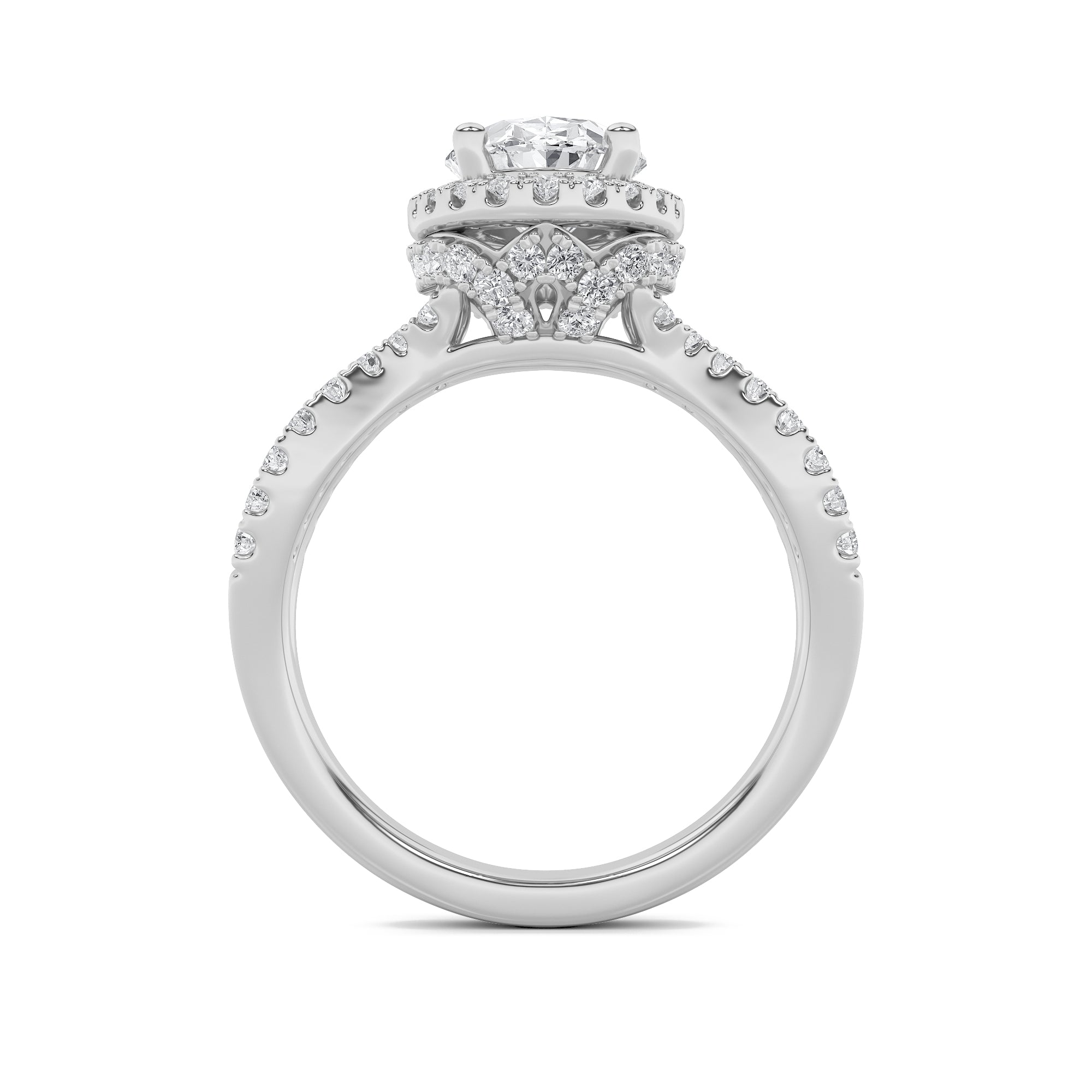 2CTW Oval Shaped Lab Grown Diamond (G/VS) Split Shank Halo Accented Engagement Ring in 14K Gold