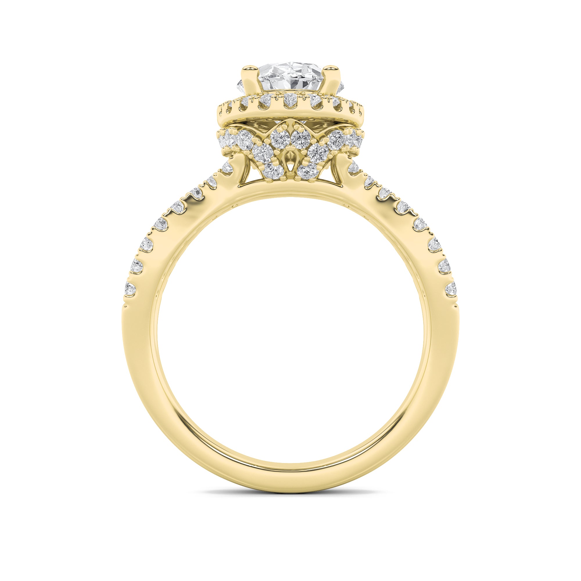 2CTW Oval Shaped Lab Grown Diamond (F/VS) Split Shank Halo Accented Engagement Ring in 14K Gold