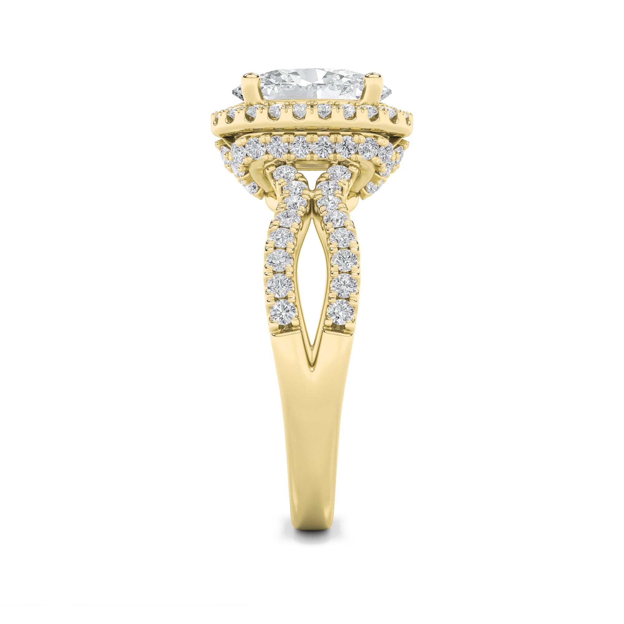 2CTW Oval Shaped Lab Grown Diamond (F/VS) Split Shank Halo Accented Engagement Ring in 14K Gold