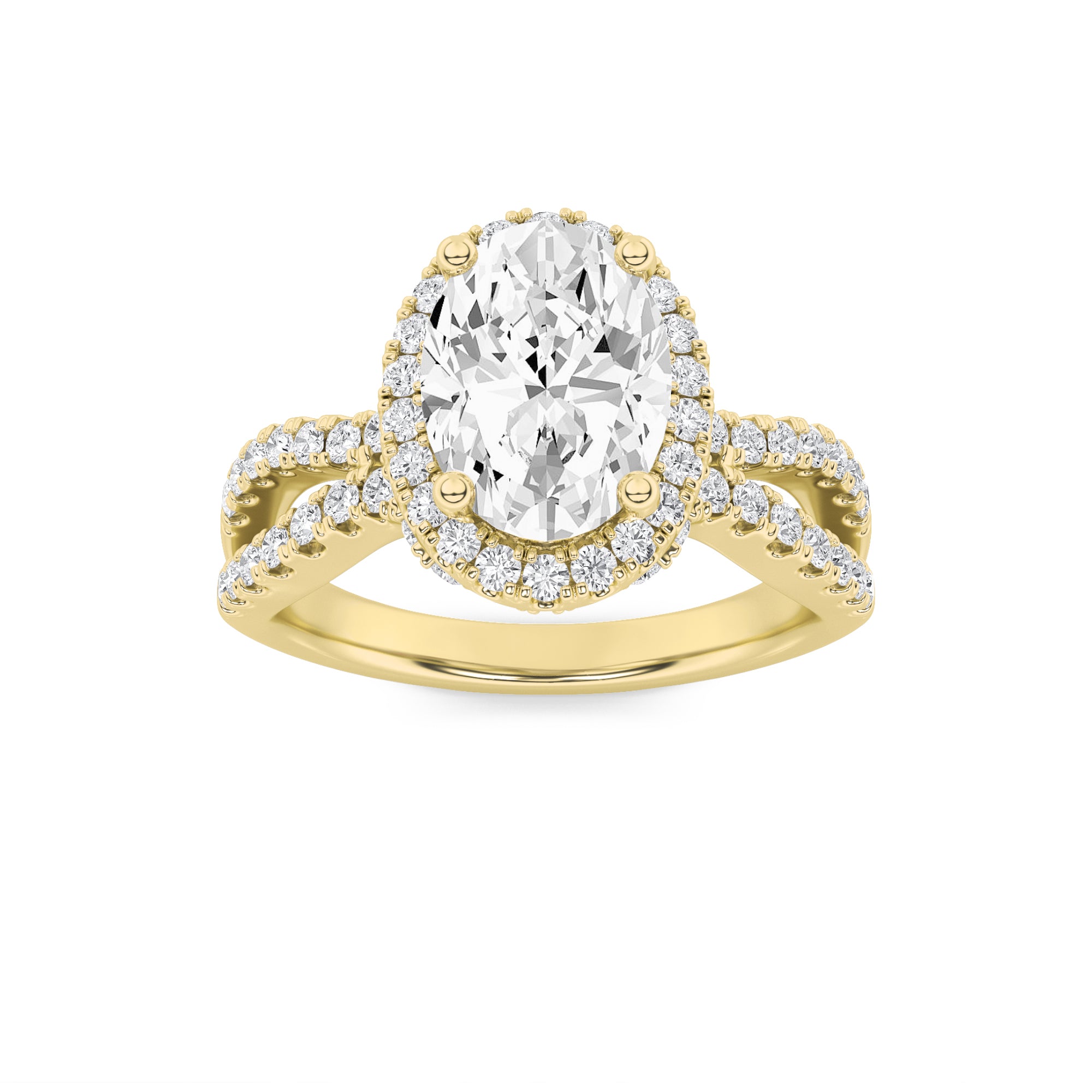 2CTW Oval Shaped Lab Grown Diamond (G/VS) Split Shank Halo Accented Engagement Ring in 14K Gold