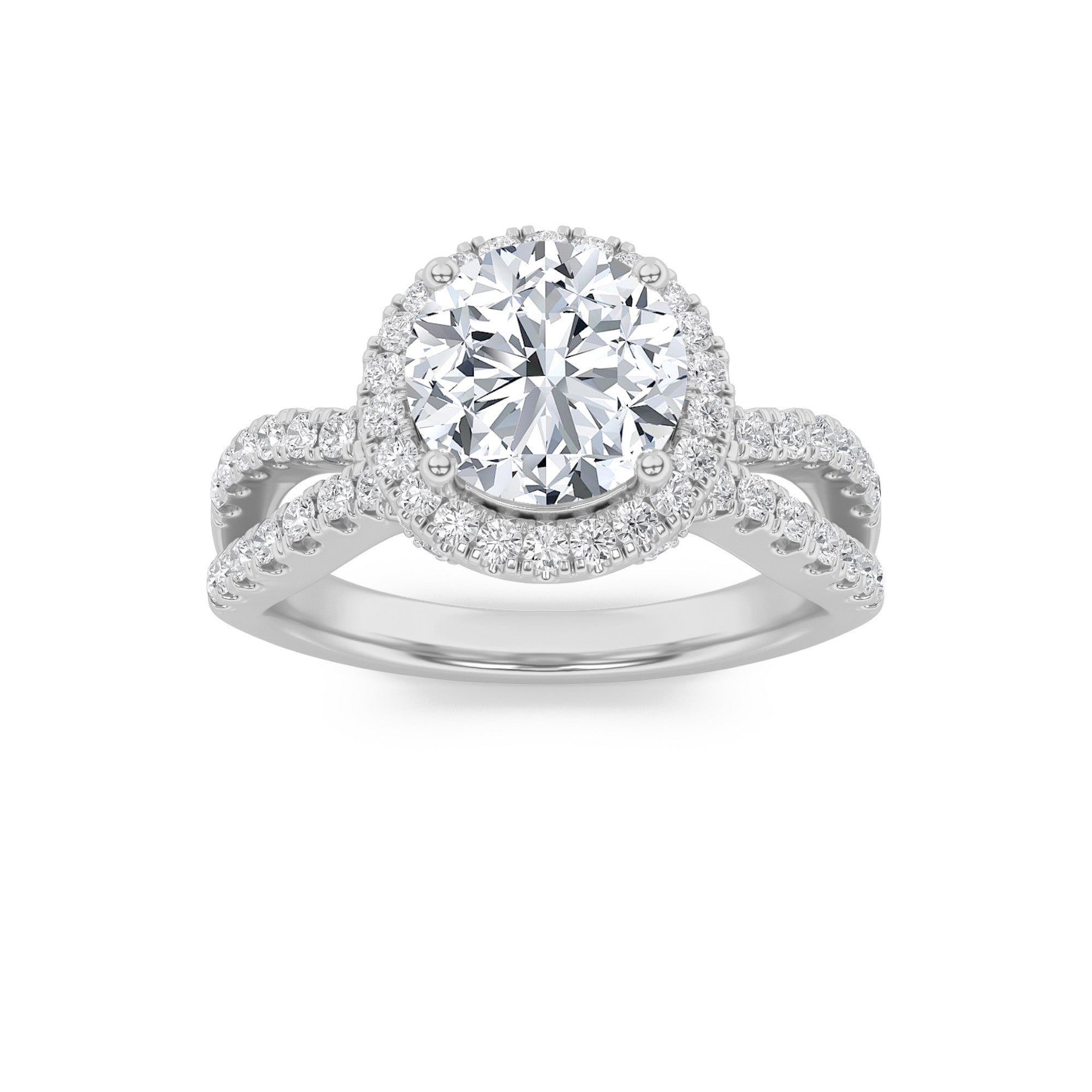 2CTW Round Shaped Lab Grown Diamond (F/VS) Split Shank Halo Accented Engagement Ring in 14K Gold