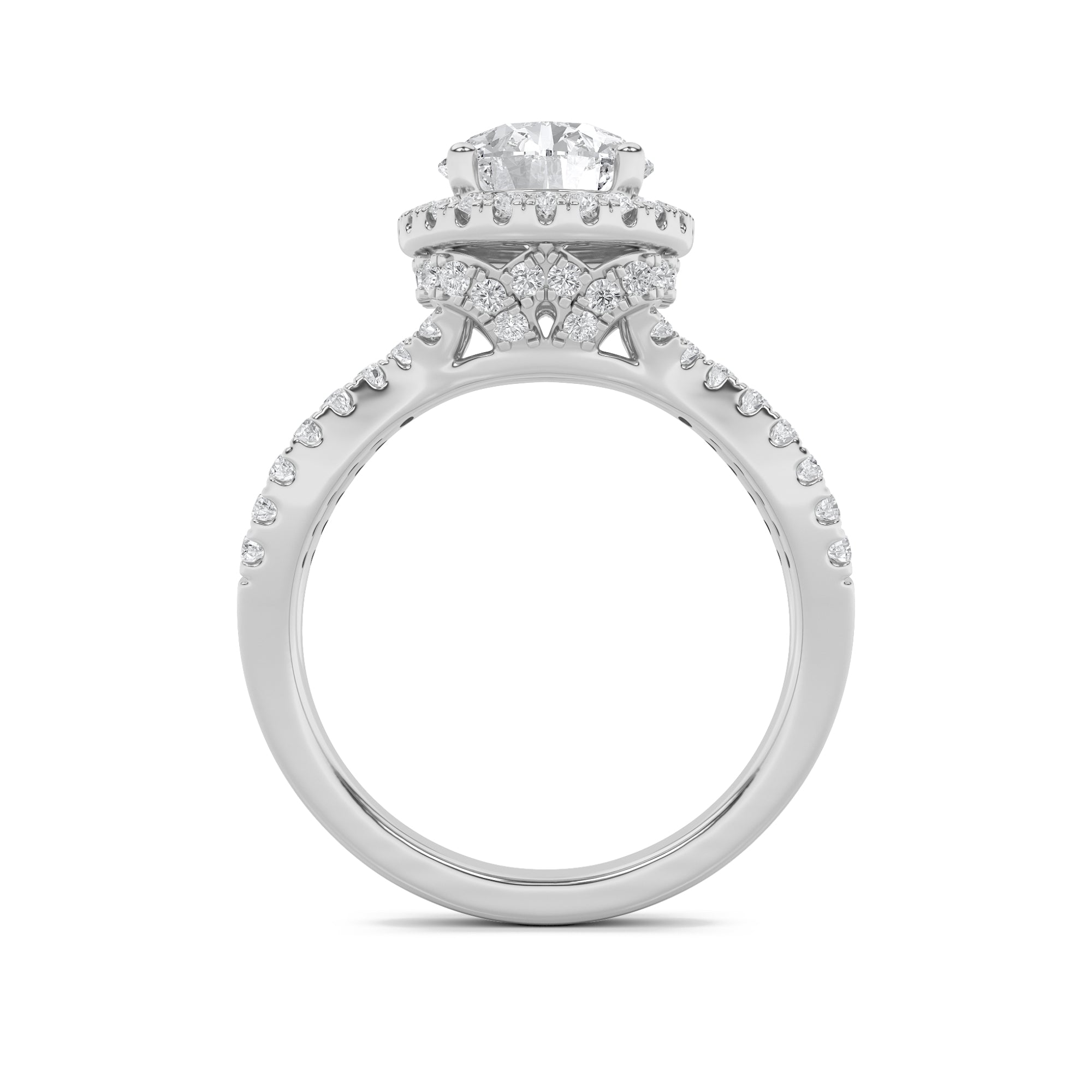 2CTW Round Shaped Lab Grown Diamond (F/VS) Split Shank Halo Accented Engagement Ring in 14K Gold