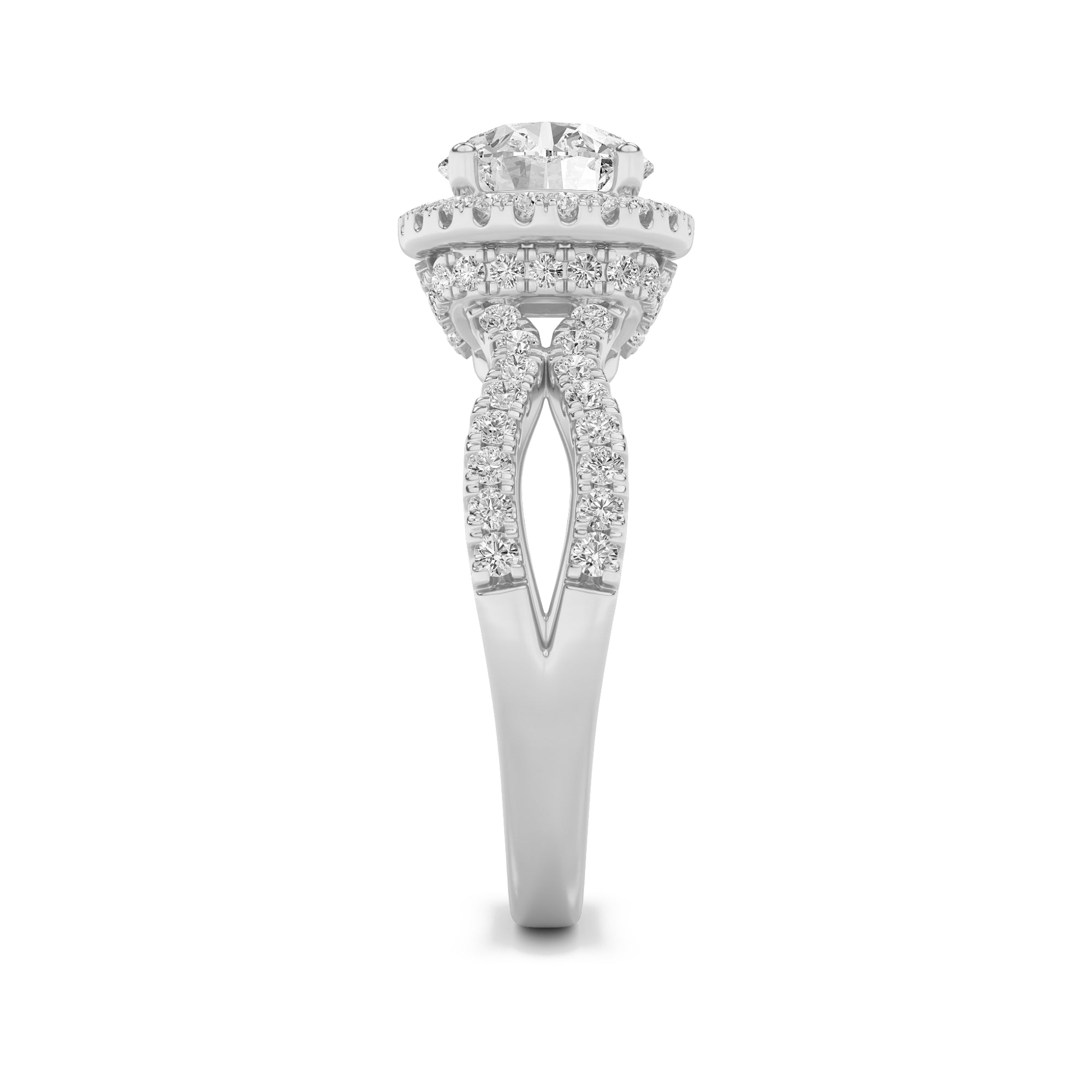 2CTW Round Shaped Lab Grown Diamond (F/VS) Split Shank Halo Accented Engagement Ring in 14K Gold