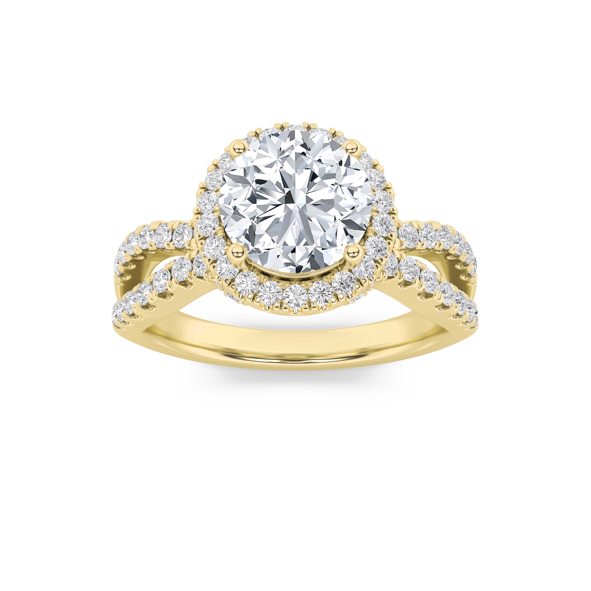 2CTW Round Shaped Lab Grown Diamond (F/VS) Split Shank Halo Accented Engagement Ring in 14K Gold