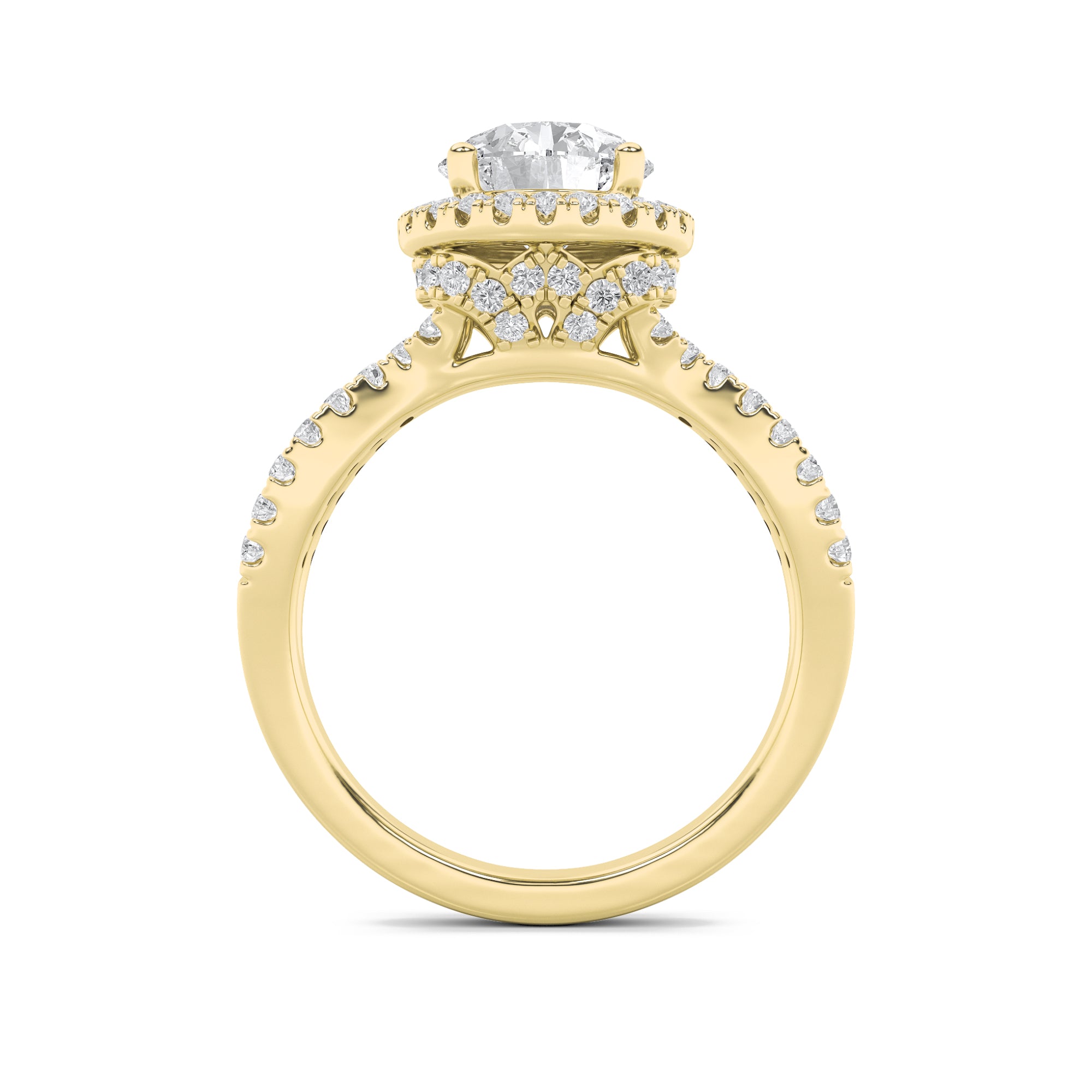 2CTW Round Shaped Lab Grown Diamond (F/VS) Split Shank Halo Accented Engagement Ring in 14K Gold