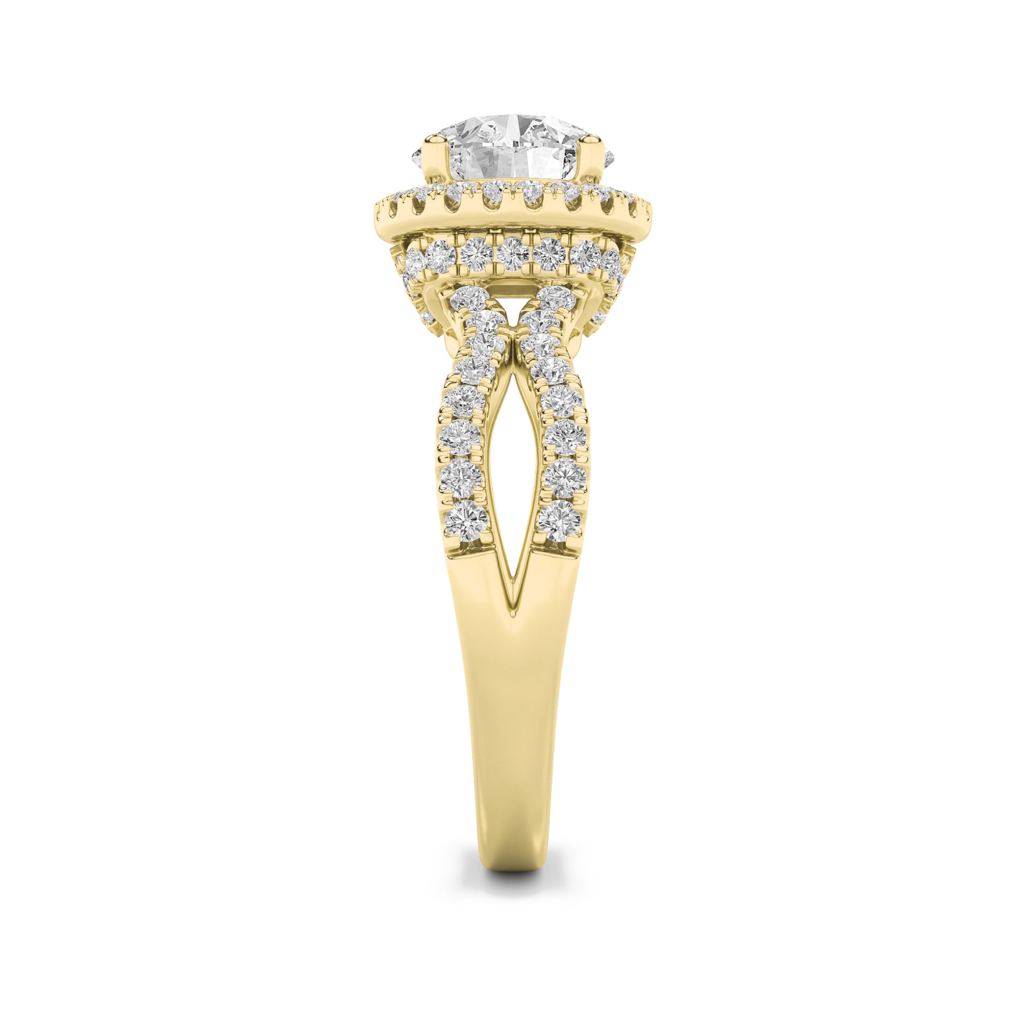2CTW Round Shaped Lab Grown Diamond (F/VS) Split Shank Halo Accented Engagement Ring in 14K Gold