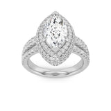 3CTW Marquise Shaped Lab Grown Diamond (F/VS) Three Row Accented Halo Engagement Ring in 14K Gold