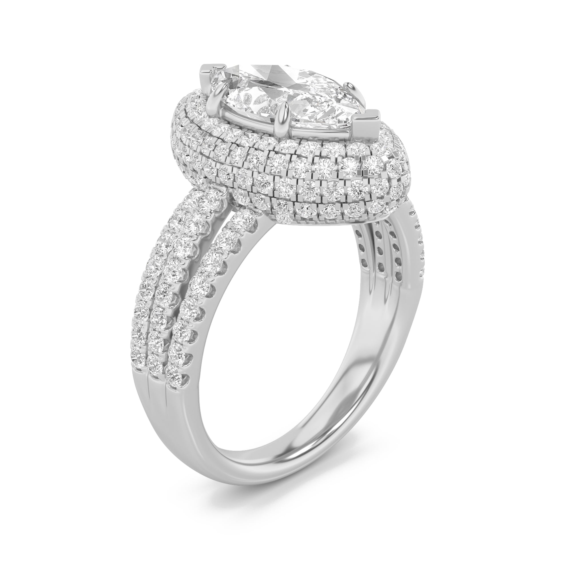 3CTW Marquise Shaped Lab Grown Diamond (F/VS) Three Row Accented Halo Engagement Ring in 14K Gold