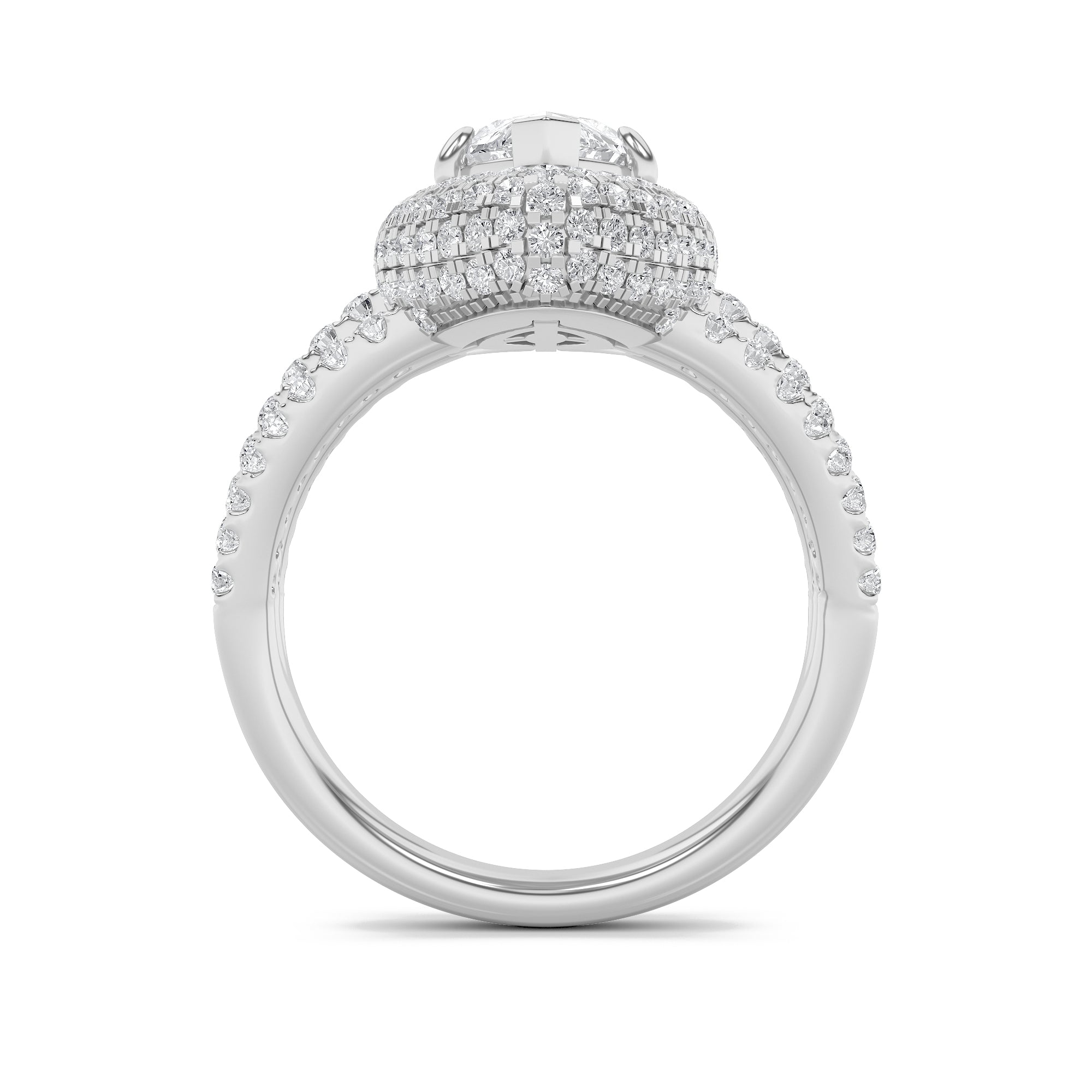 3CTW Marquise Shaped Lab Grown Diamond (F/VS) Three Row Accented Halo Engagement Ring in 14K Gold