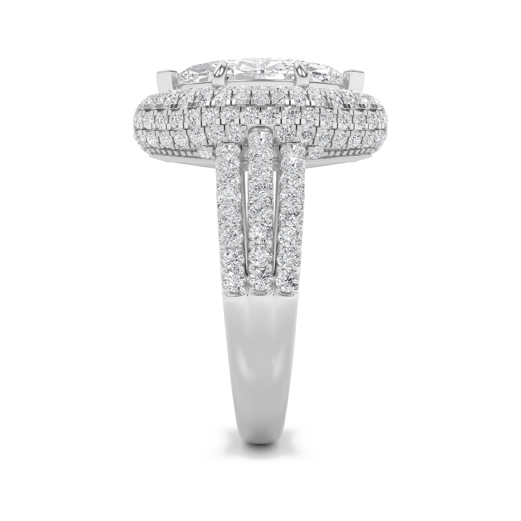 3CTW Marquise Shaped Lab Grown Diamond (F/VS) Three Row Accented Halo Engagement Ring in 14K Gold