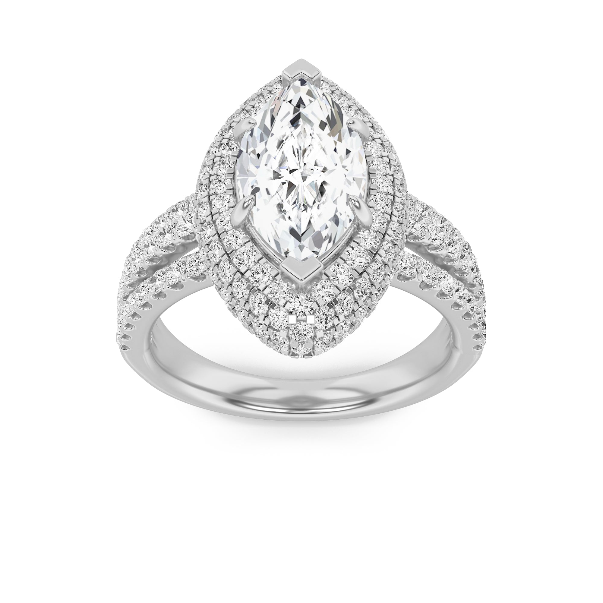 3CTW Marquise Shaped Lab Grown Diamond (G/VS) Three Row Accented Halo Engagement Ring in 14K Gold