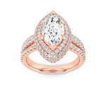 3CTW Marquise Shaped Lab Grown Diamond (F/VS) Three Row Accented Halo Engagement Ring in 14K Gold