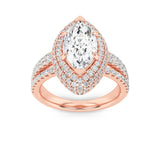 3CTW Marquise Shaped Lab Grown Diamond (F/VS) Three Row Accented Halo Engagement Ring in 14K Gold