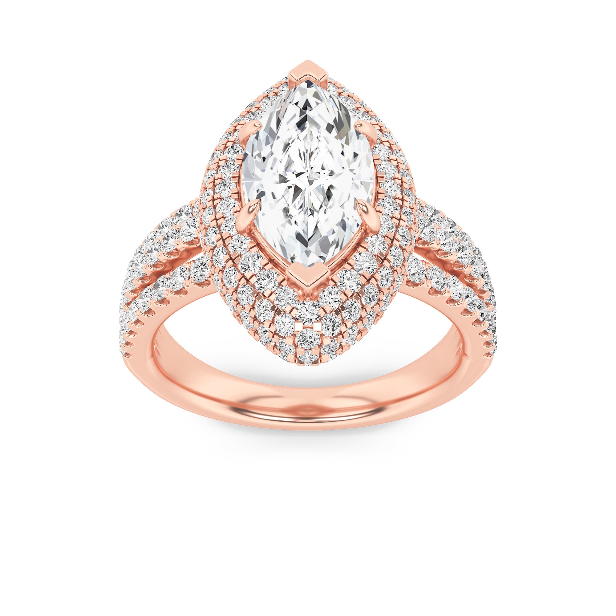 3CTW Marquise Shaped Lab Grown Diamond (F/VS) Three Row Accented Halo Engagement Ring in 14K Gold