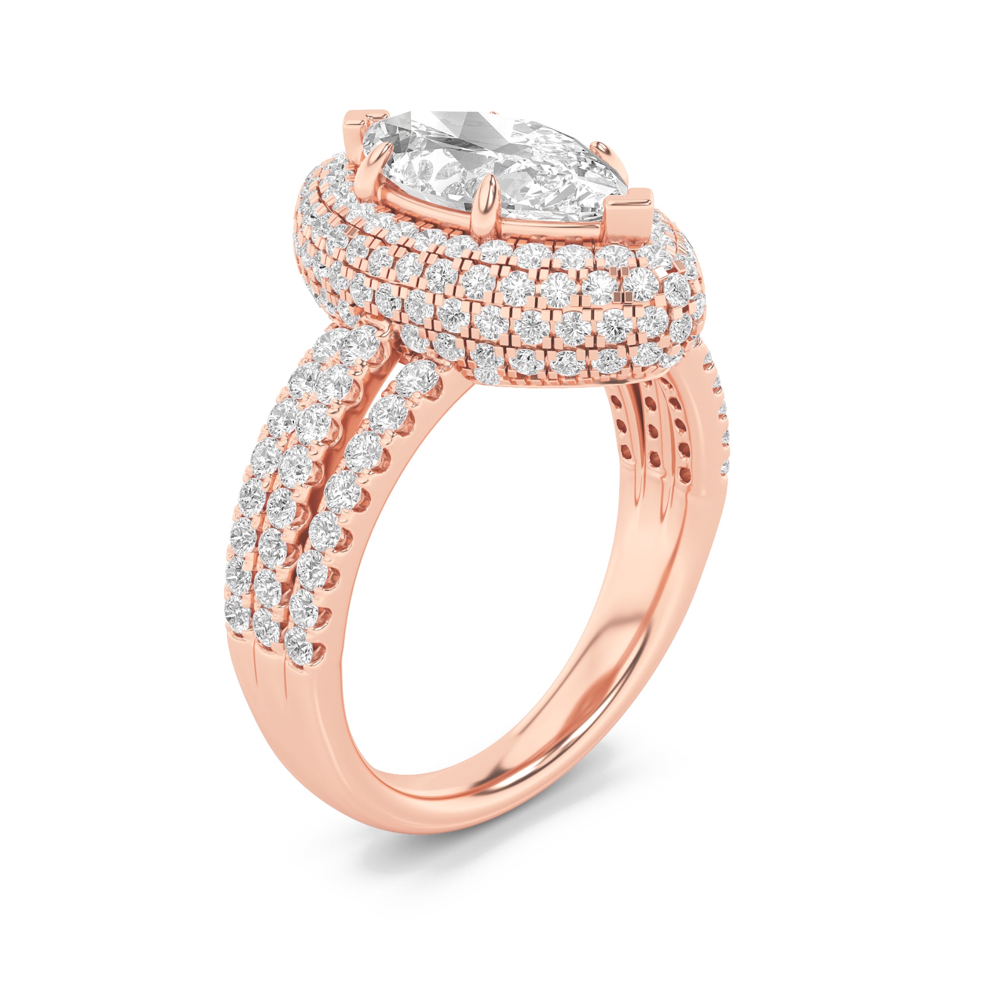 3CTW Marquise Shaped Lab Grown Diamond (F/VS) Three Row Accented Halo Engagement Ring in 14K Gold