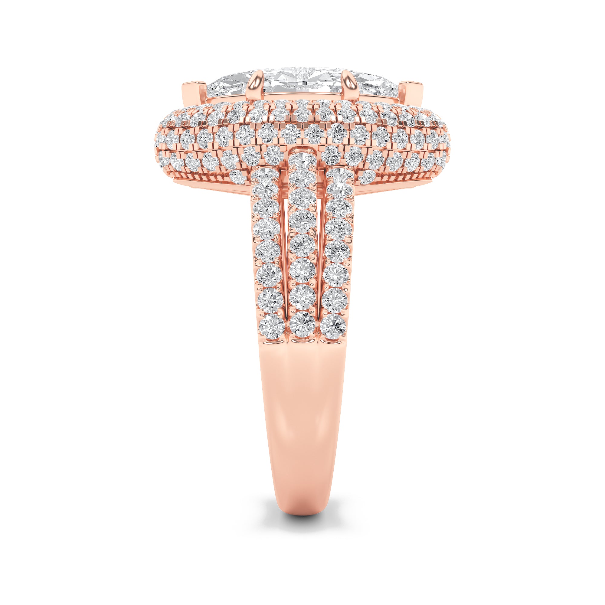 3CTW Marquise Shaped Lab Grown Diamond (F/VS) Three Row Accented Halo Engagement Ring in 14K Gold
