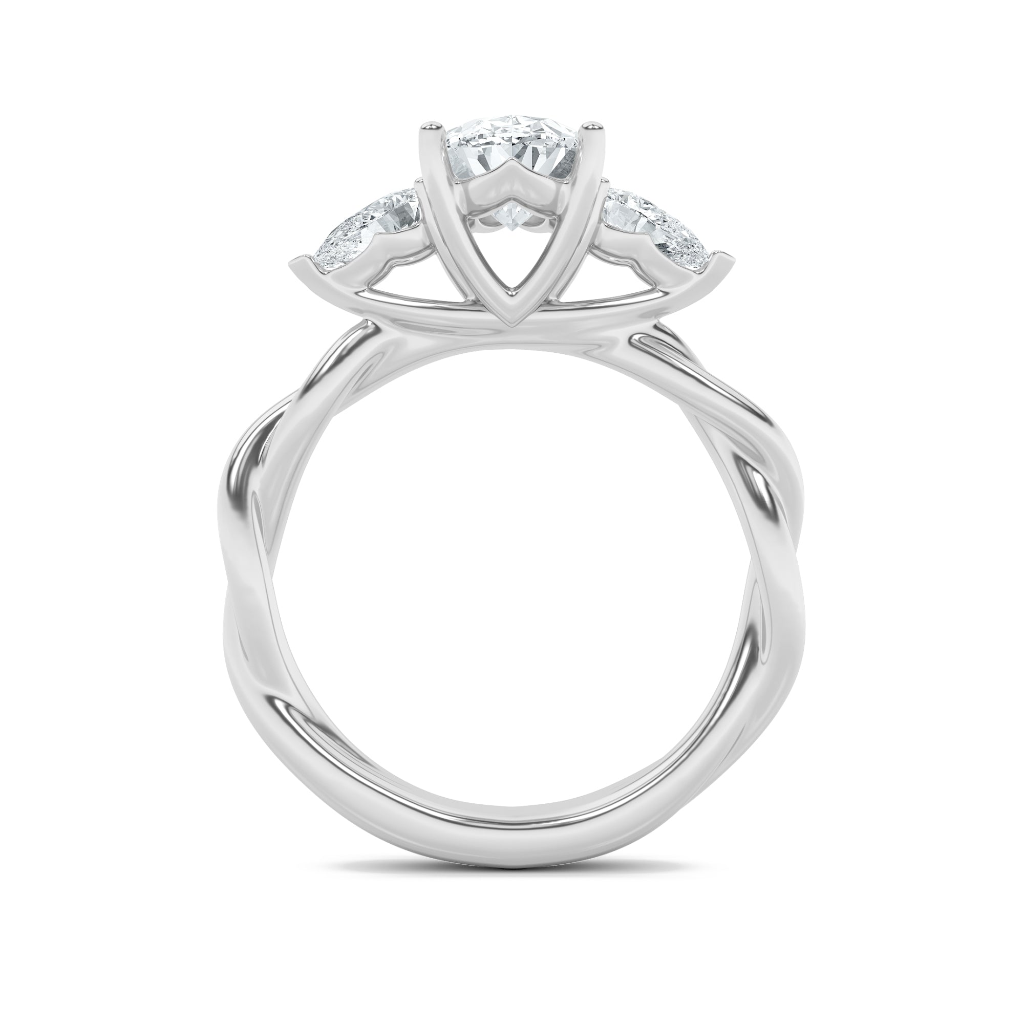 2CTW Oval Shaped Lab Grown Diamond (F/VS) Three Stone Twisted Band Engagement Ring in 14K Gold