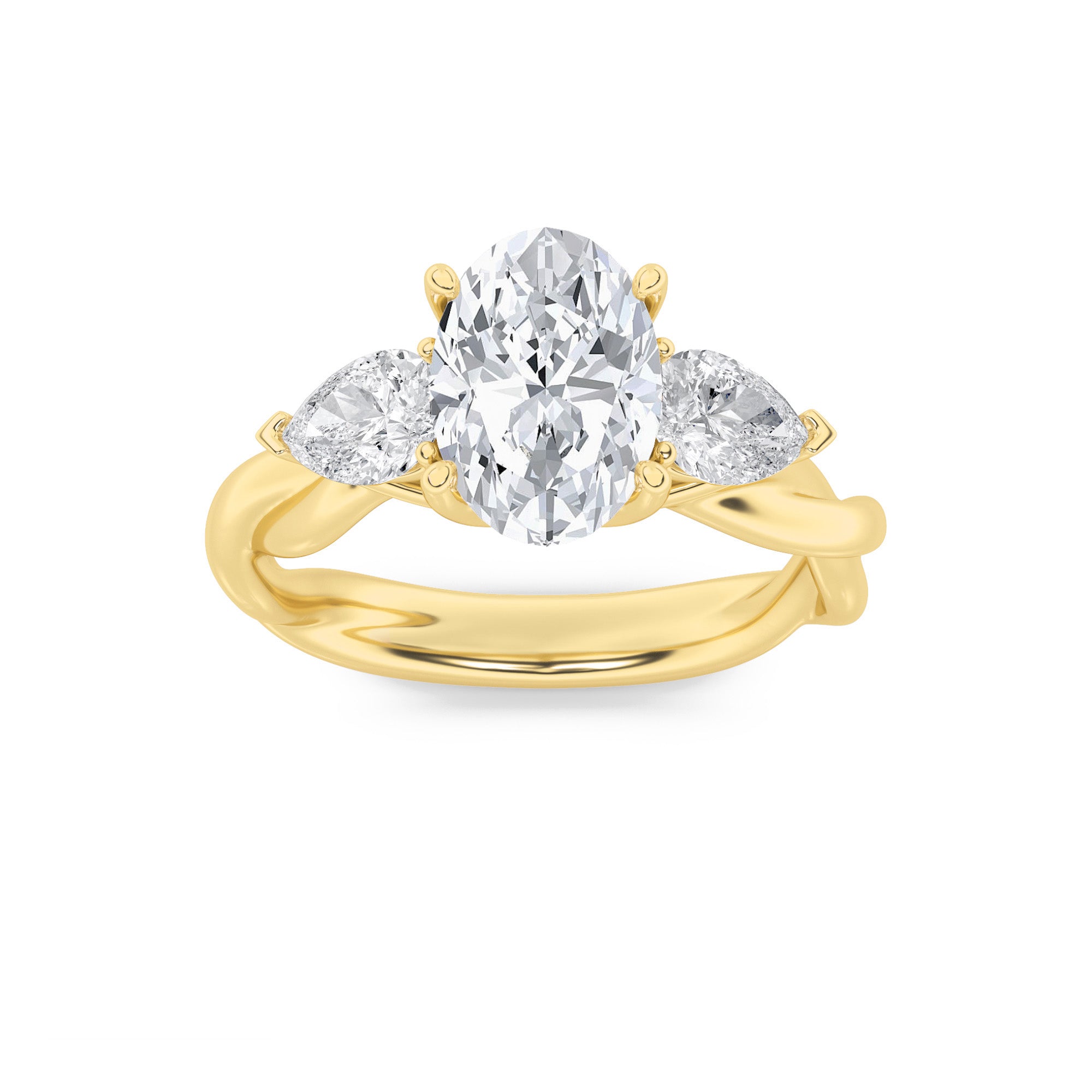 2CTW Oval Shaped Lab Grown Diamond (F/VS) Three Stone Twisted Band Engagement Ring in 14K Gold