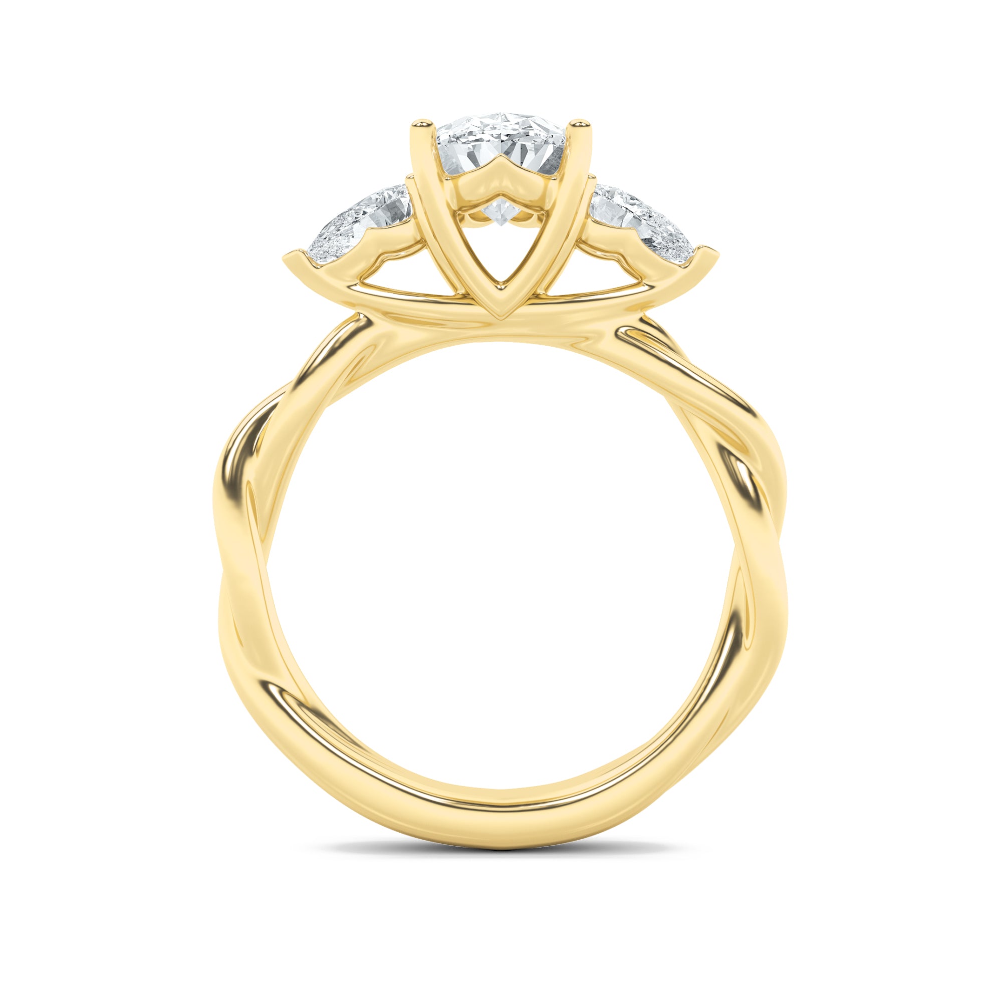 2CTW Oval Shaped Lab Grown Diamond (F/VS) Three Stone Twisted Band Engagement Ring in 14K Gold