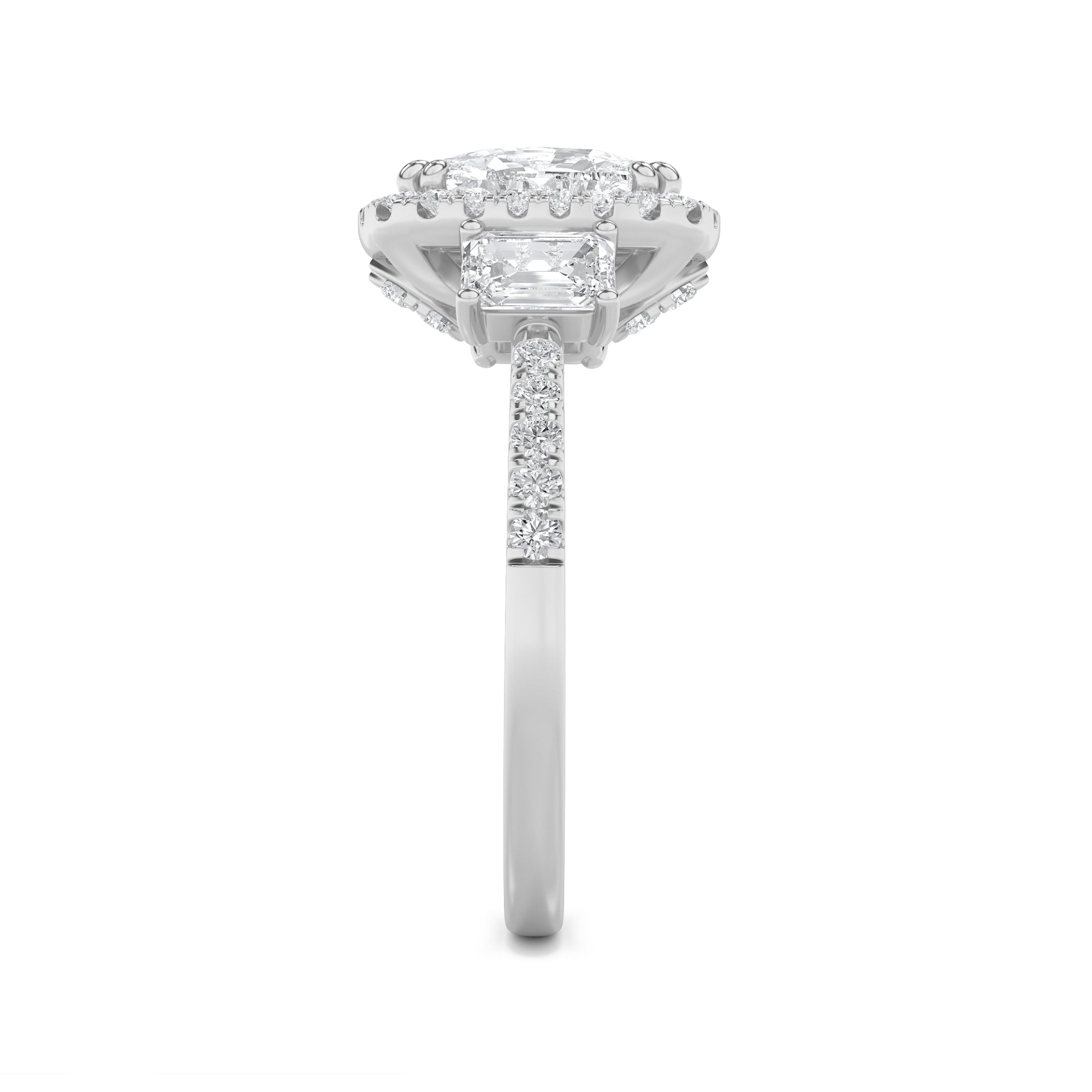 3CTW Elongated Cushion Shaped Lab Grown Diamond (F/VS) Accented Three Stone Ring in 14K Gold