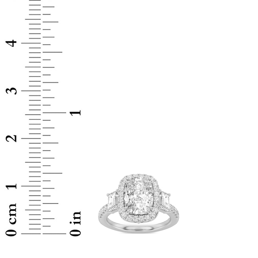 3CTW Elongated Cushion Shaped Lab Grown Diamond (F/VS) Accented Three Stone Ring in 14K Gold