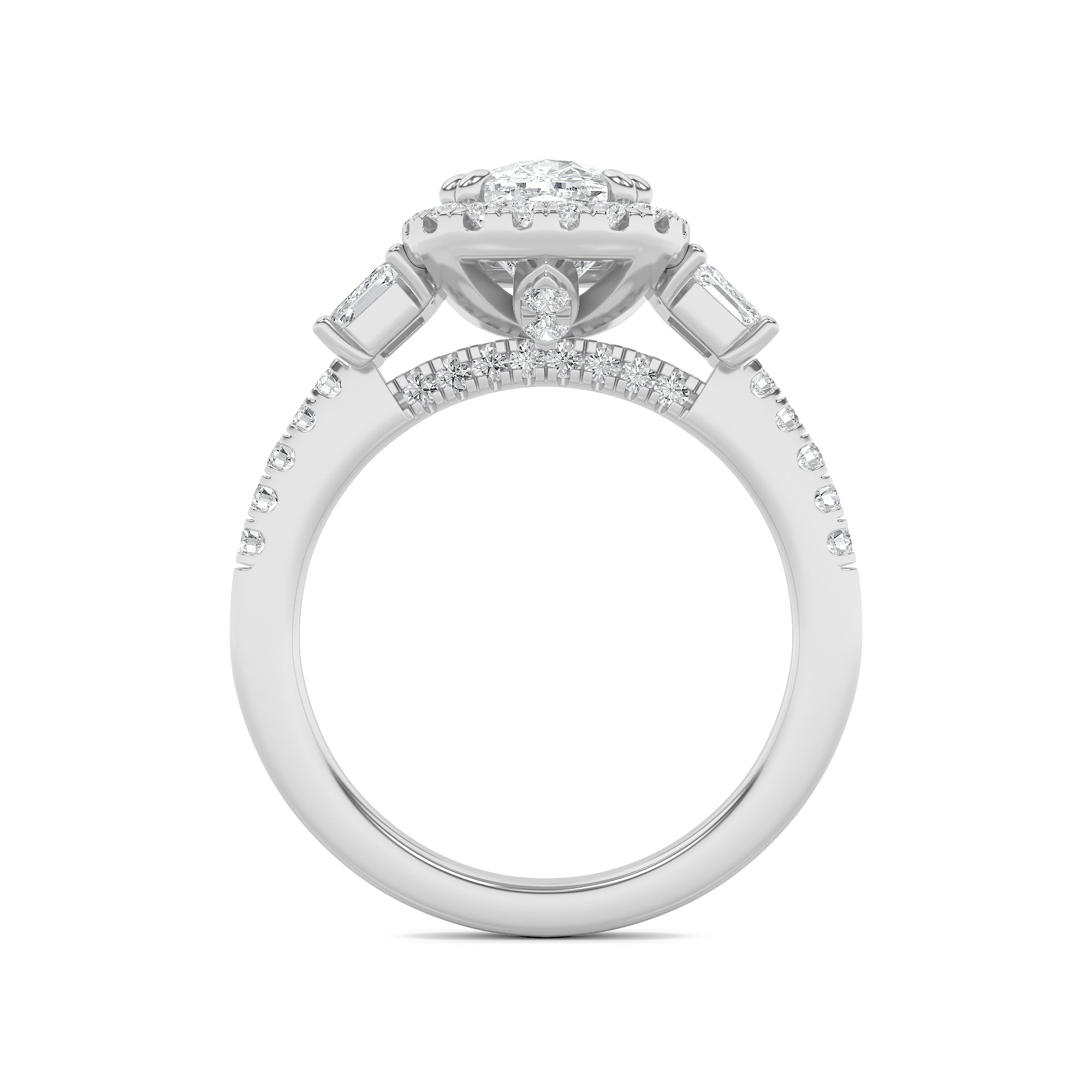 3CTW Elongated Cushion Shaped Lab Grown Diamond (F/VVS) Accented Three Stone Ring in 14K Gold