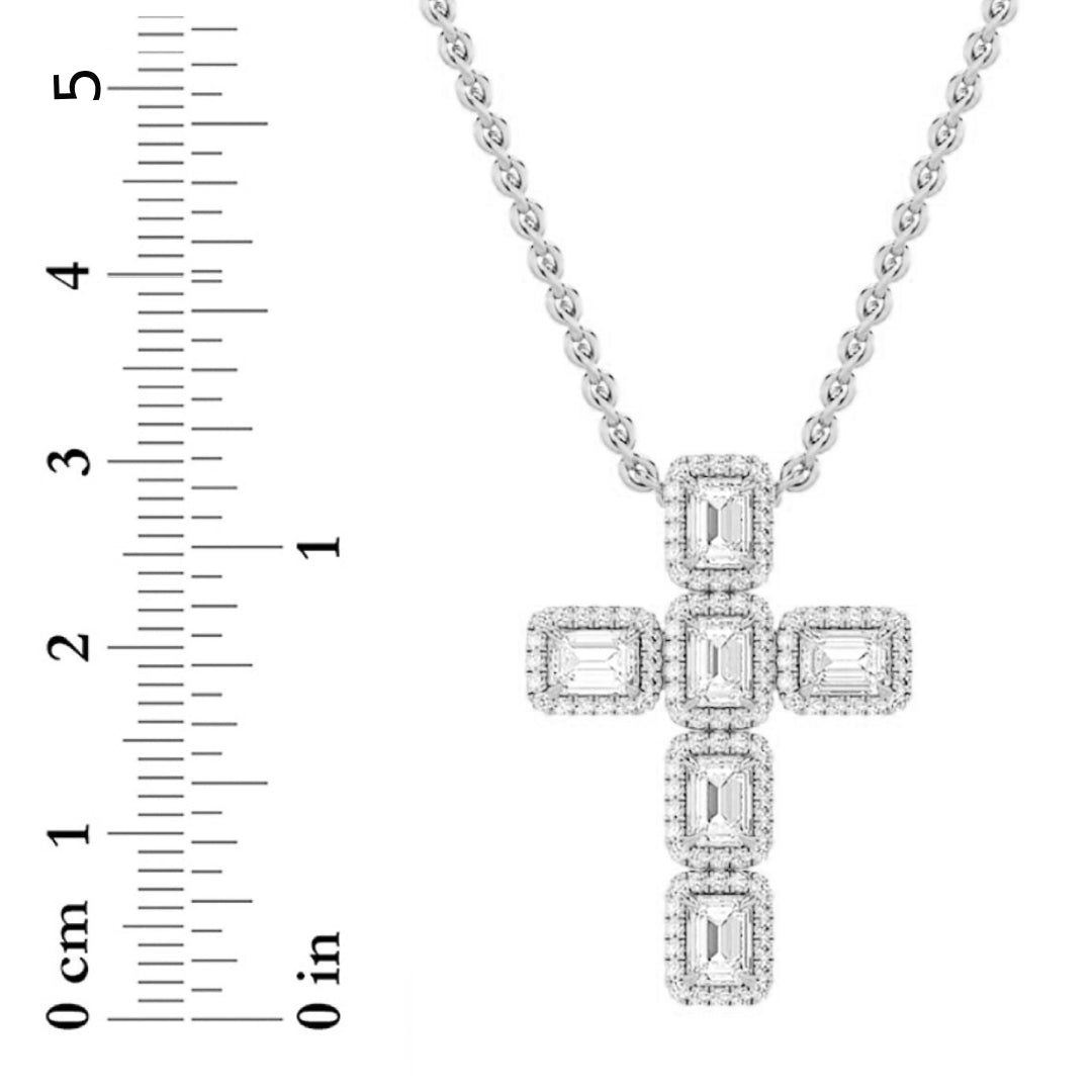 3CTW Emerald Shaped Lab Grown Diamond (F/VS) Cross Pendant in 14K Gold