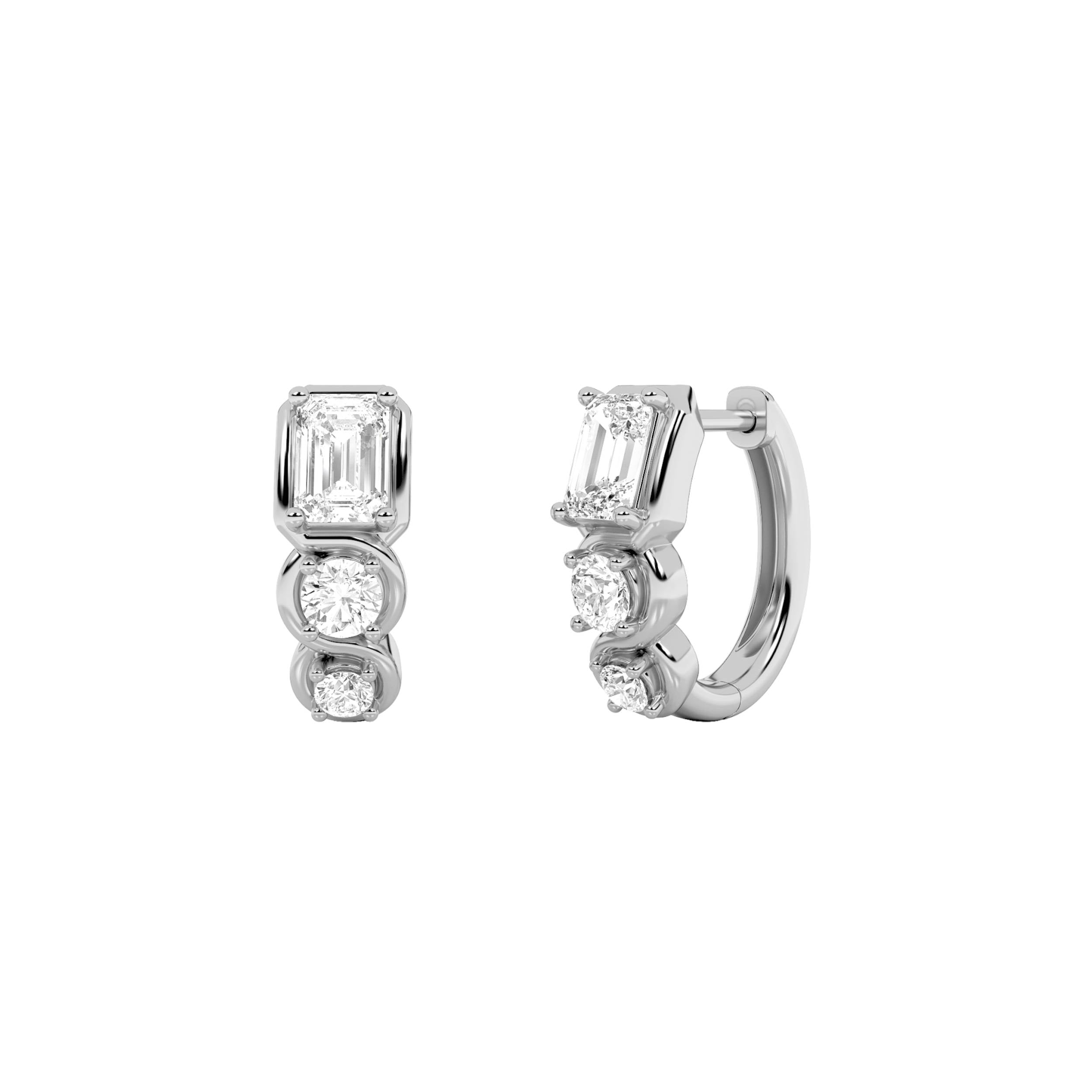 2.5CTW Emerald Shaped Lab Grown Diamond (F/VS) Three Stone Huggie Earrings in 14K Gold