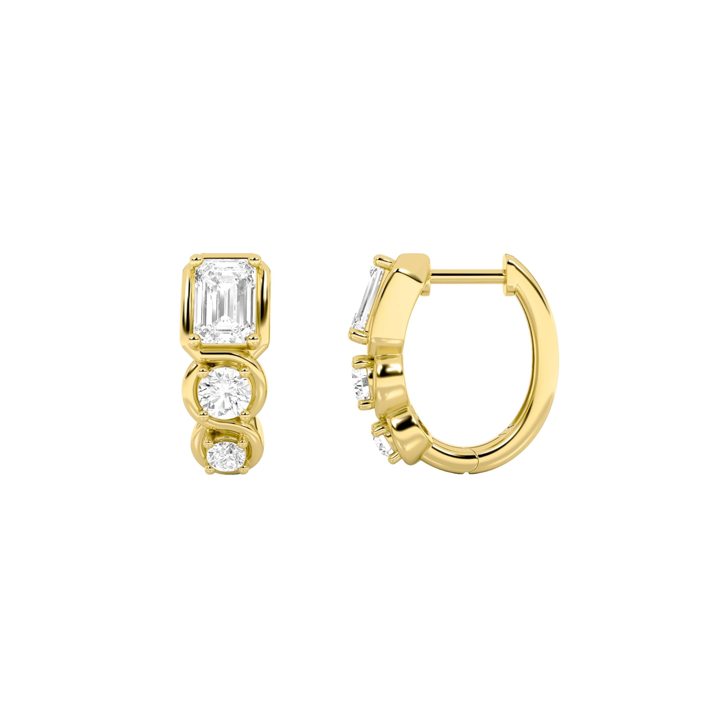 2.5CTW Emerald Shaped Lab Grown Diamond (F/VS) Three Stone Huggie Earrings in 14K Gold