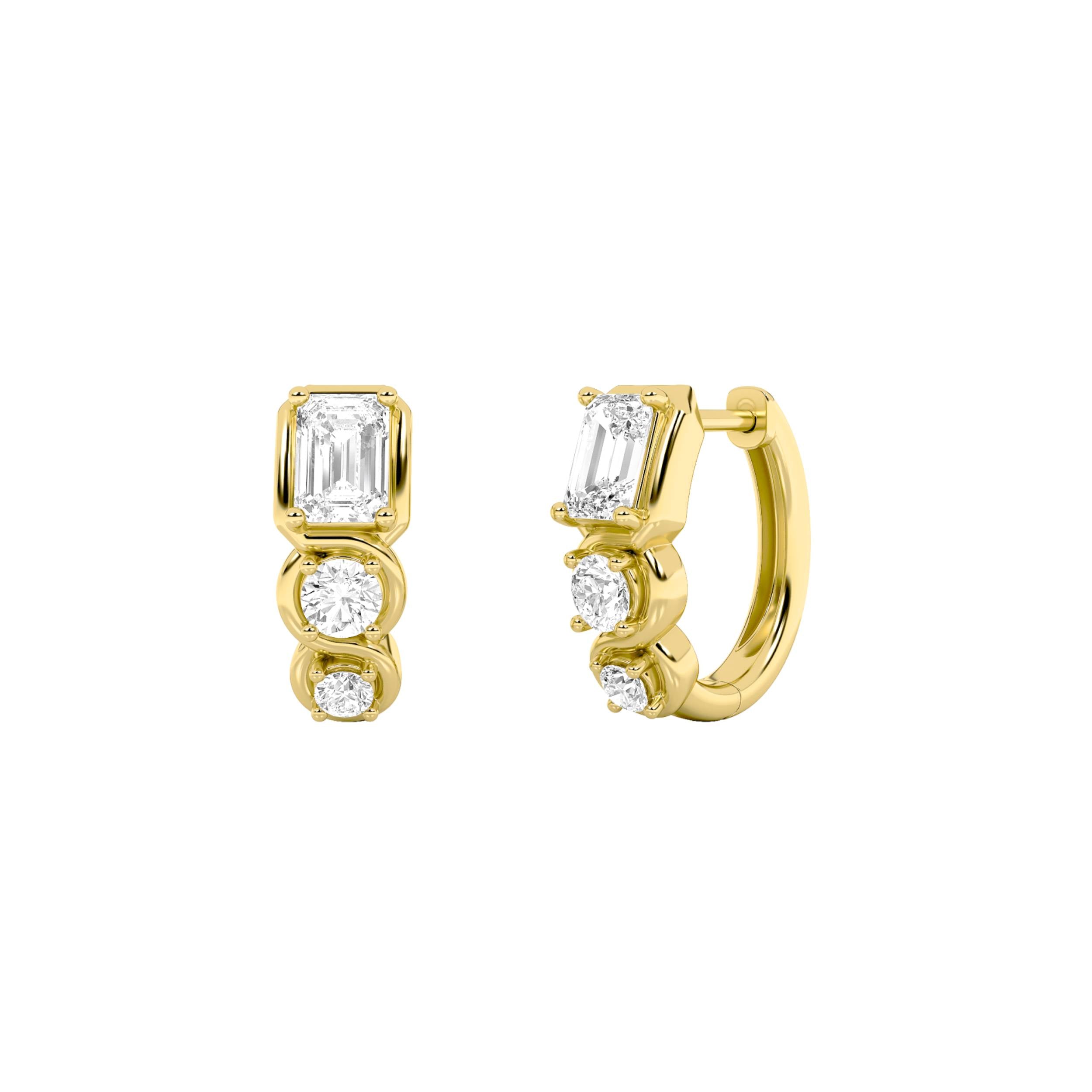 2.5CTW Emerald Shaped Lab Grown Diamond (F/VS) Three Stone Huggie Earrings in 14K Gold
