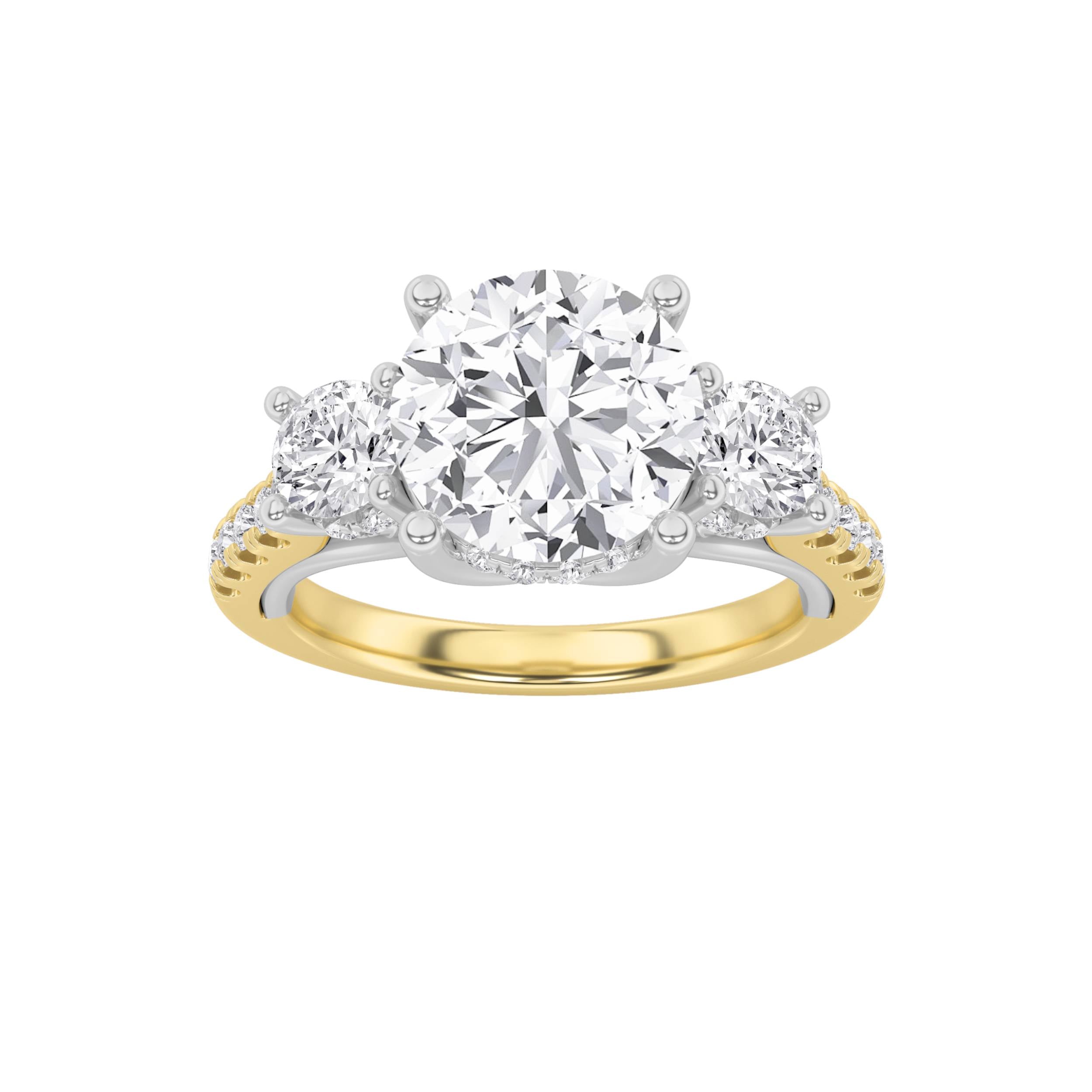 3CTW Round Shaped Lab Grown Diamond (F/VS) Accented Three Stone Ring in 14K Gold