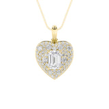 2CTW Emerald Shaped Lab Grown Diamond (F/VS) Pave Accented Heart Shaped Pendant in 14K Gold