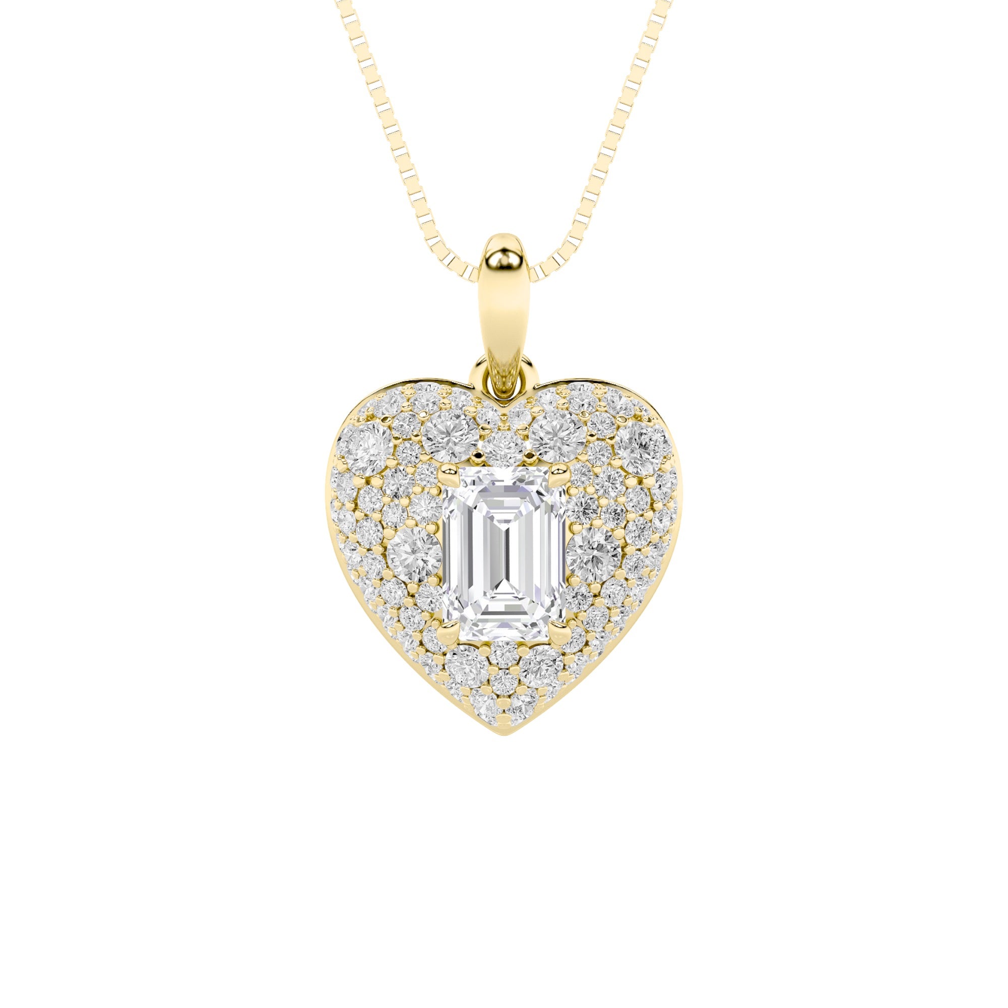 2CTW Emerald Shaped Lab Grown Diamond (F/VS) Pave Accented Heart Shaped Pendant in 14K Gold