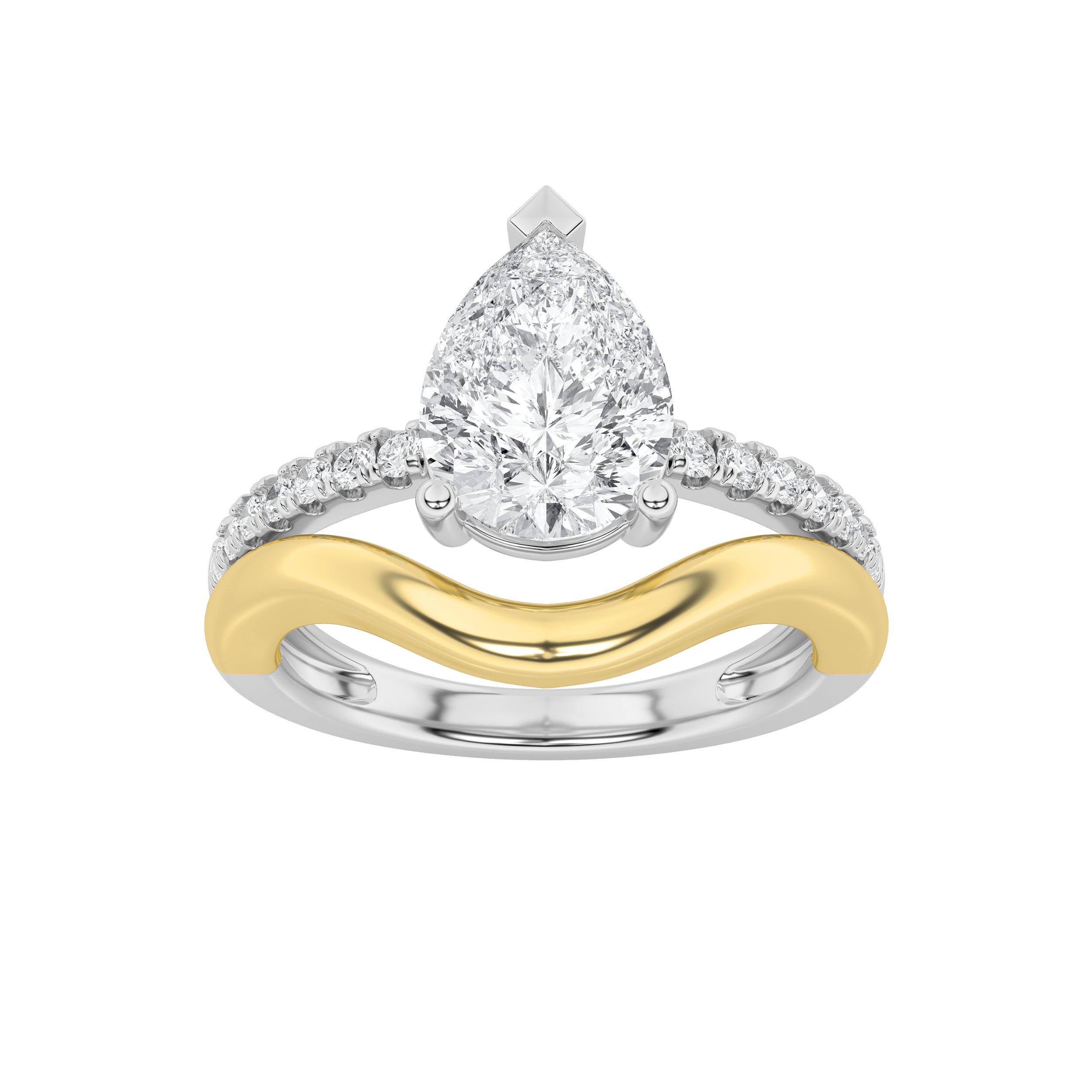 2CTW Pear Shaped Lab Grown Diamond (F/VS) Two Tone Wave Inspired Engagement Ring in 14K Gold