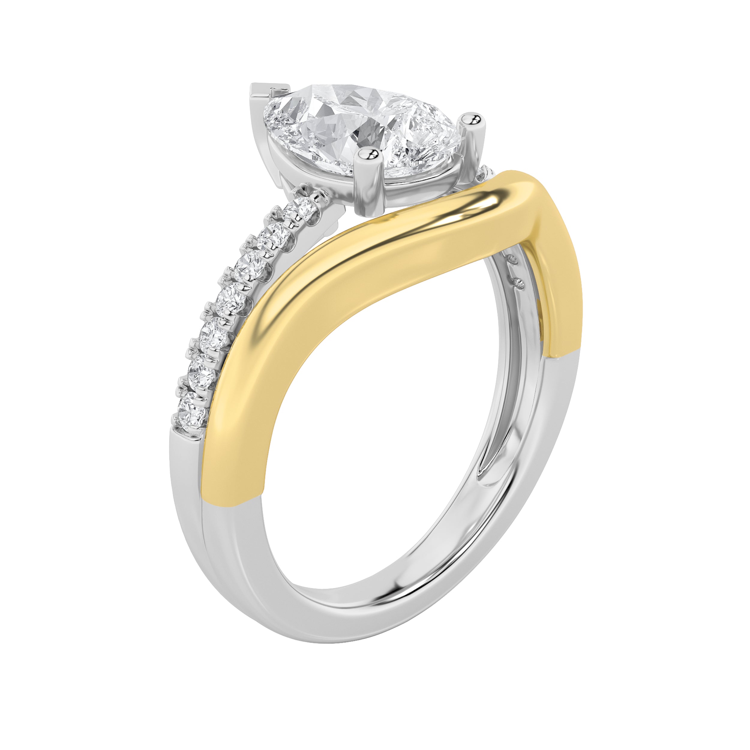 2CTW Pear Shaped Lab Grown Diamond (F/VS) Two Tone Wave Inspired Engagement Ring in 14K Gold
