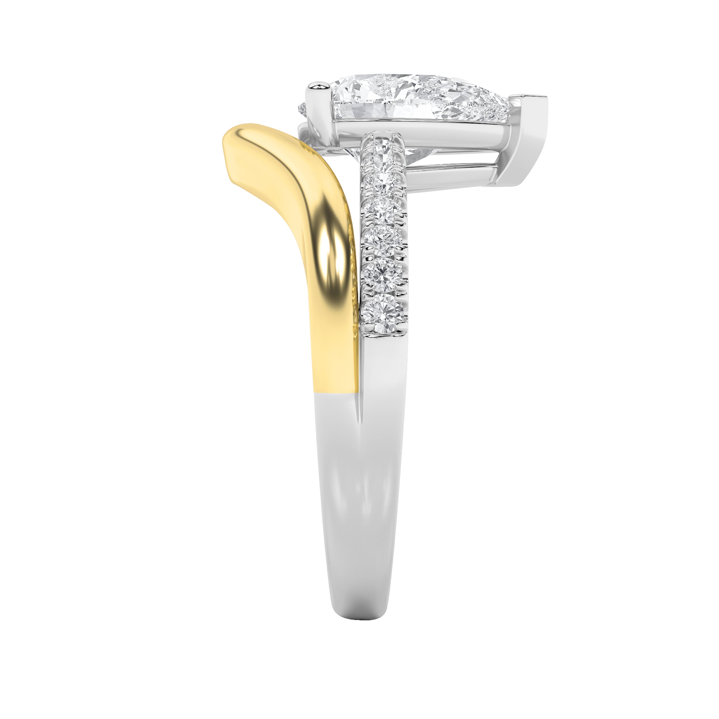 2CTW Pear Shaped Lab Grown Diamond (F/VS) Two Tone Wave Inspired Engagement Ring in 14K Gold