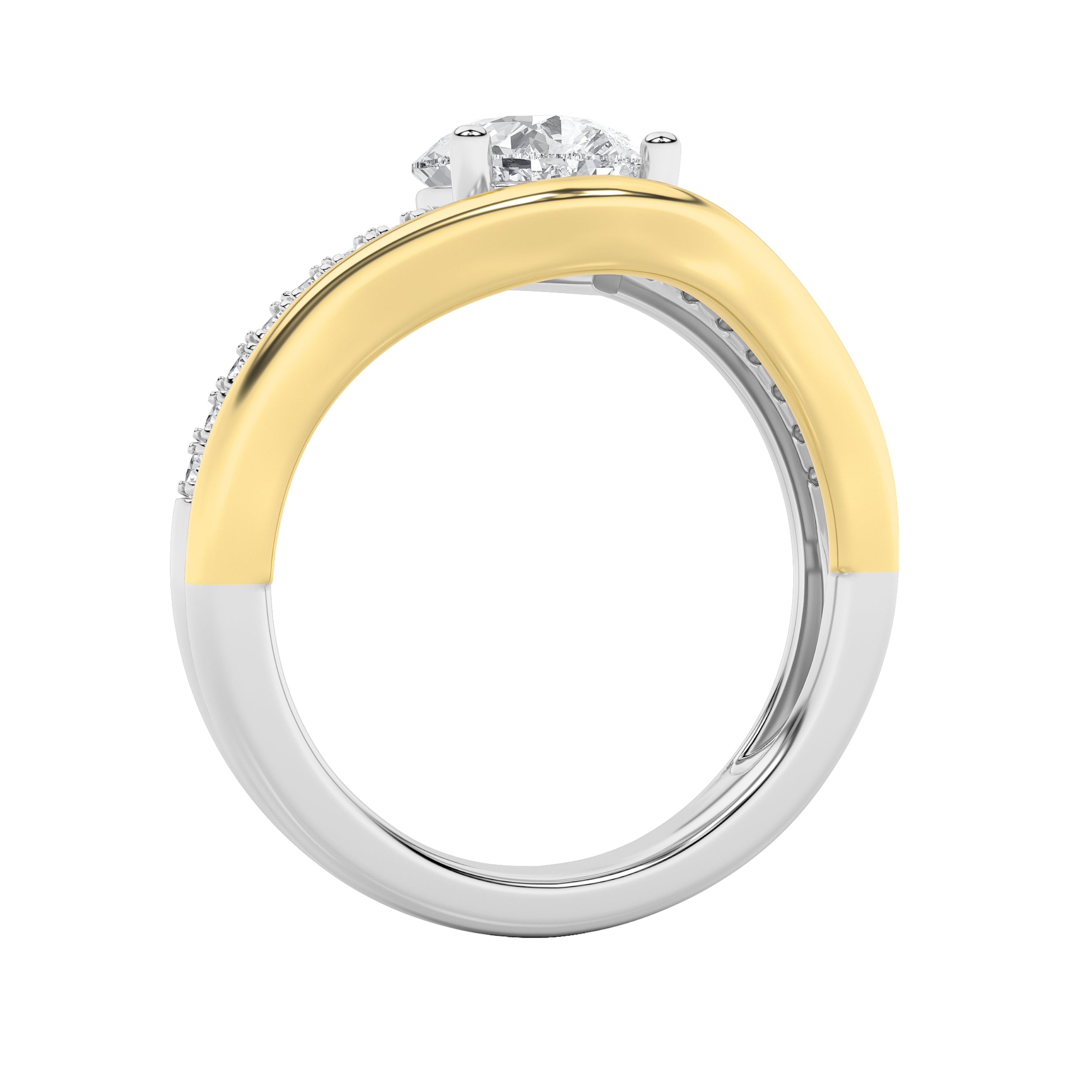 2CTW Pear Shaped Lab Grown Diamond (F/VS) Two Tone Wave Inspired Engagement Ring in 14K Gold