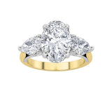 4CTW Oval Shaped Lab Grown Diamond (F/VS) Accented Three Stone Ring in 14K Gold
