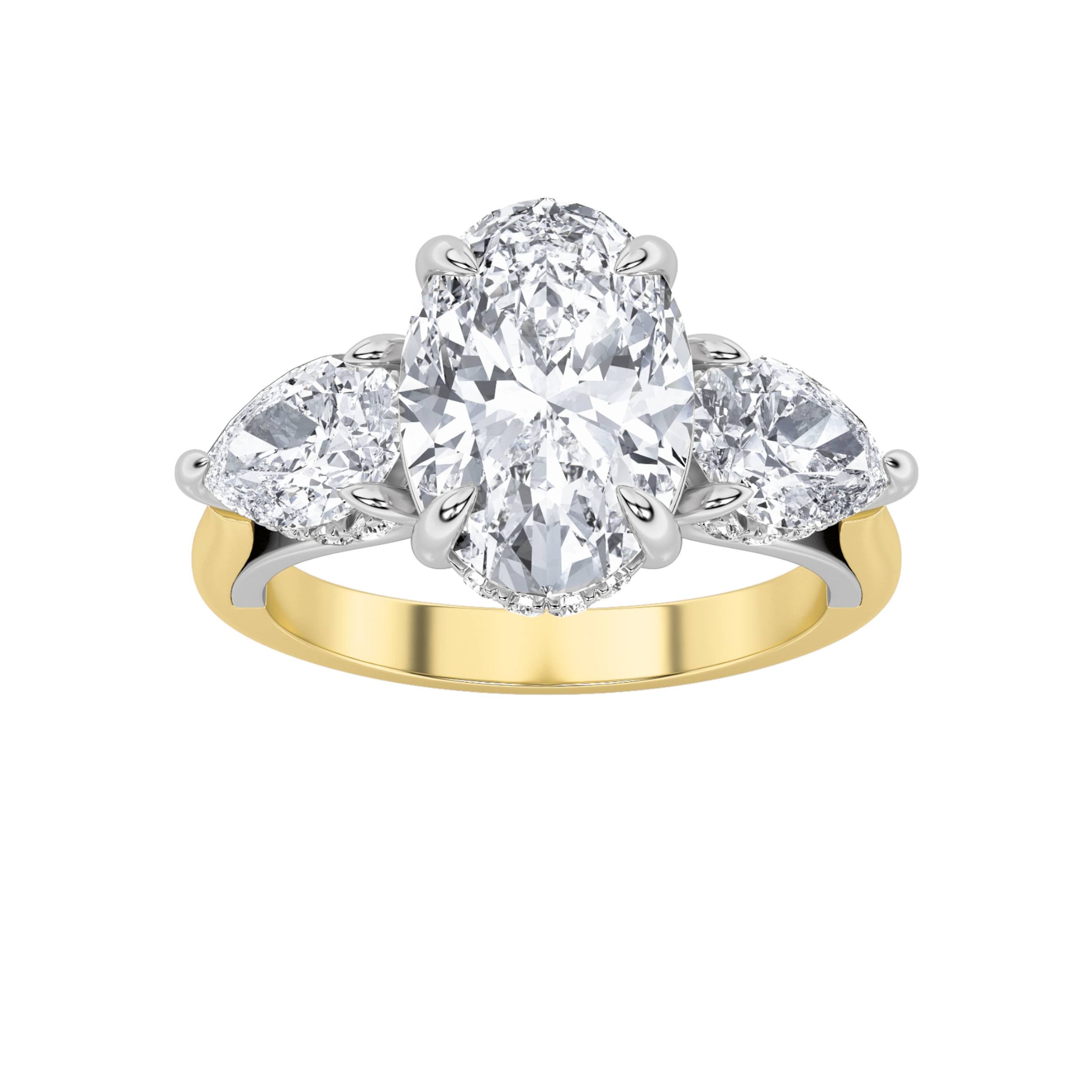 4CTW Oval Shaped Lab Grown Diamond (F/VS) Accented Three Stone Ring in 14K Gold