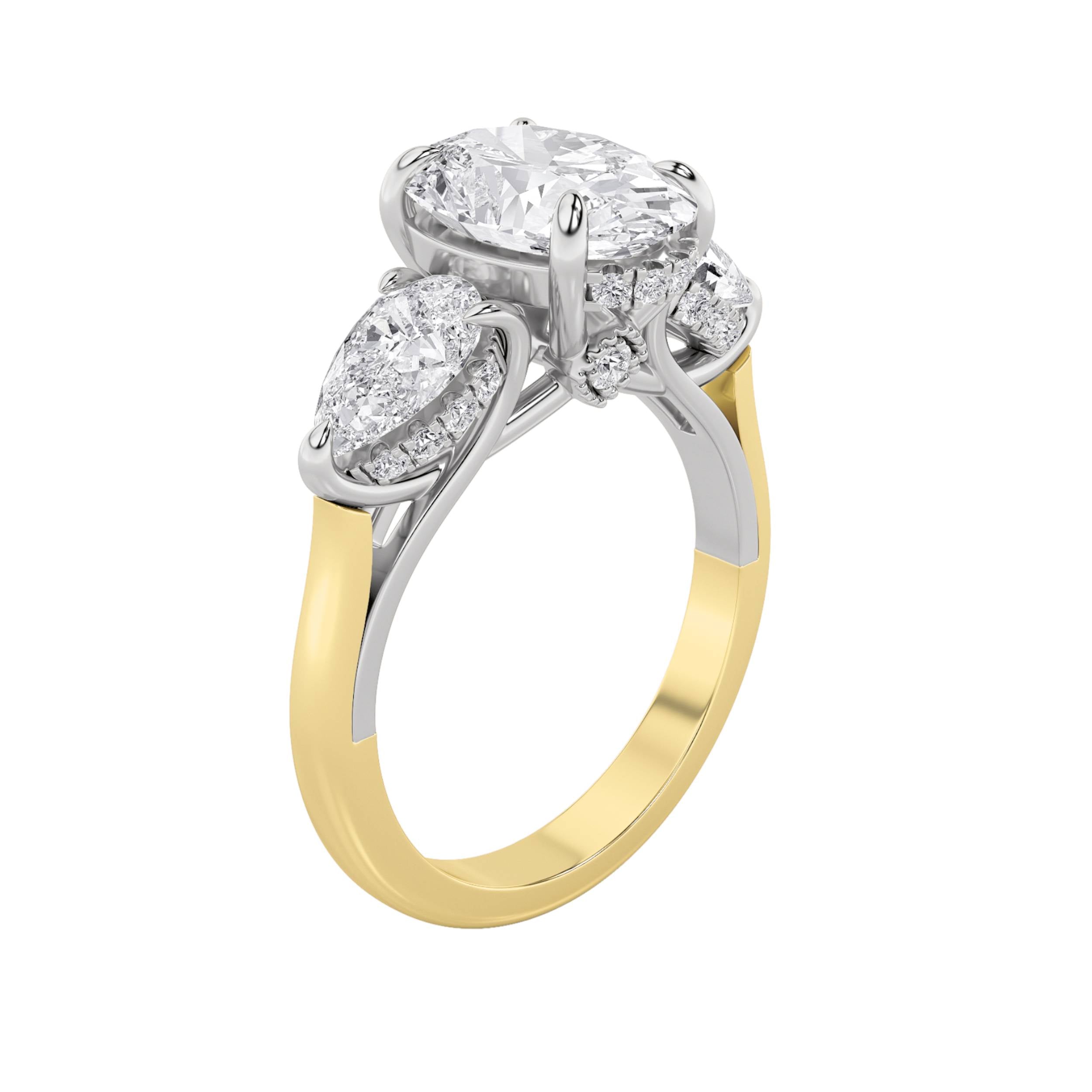 4CTW Oval Shaped Lab Grown Diamond (F/VS) Accented Three Stone Ring in 14K Gold