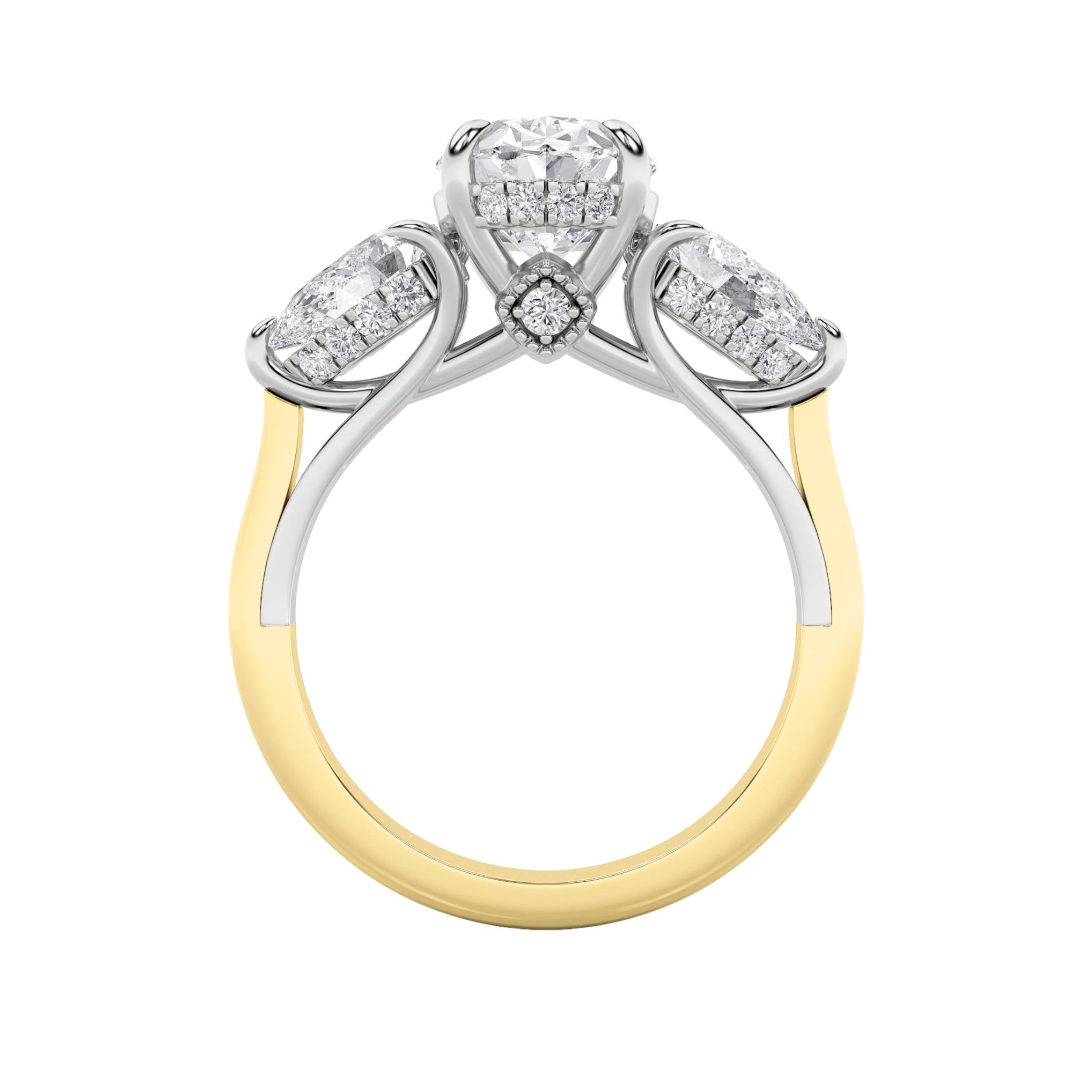 4CTW Oval Shaped Lab Grown Diamond (F/VS) Accented Three Stone Ring in 14K Gold
