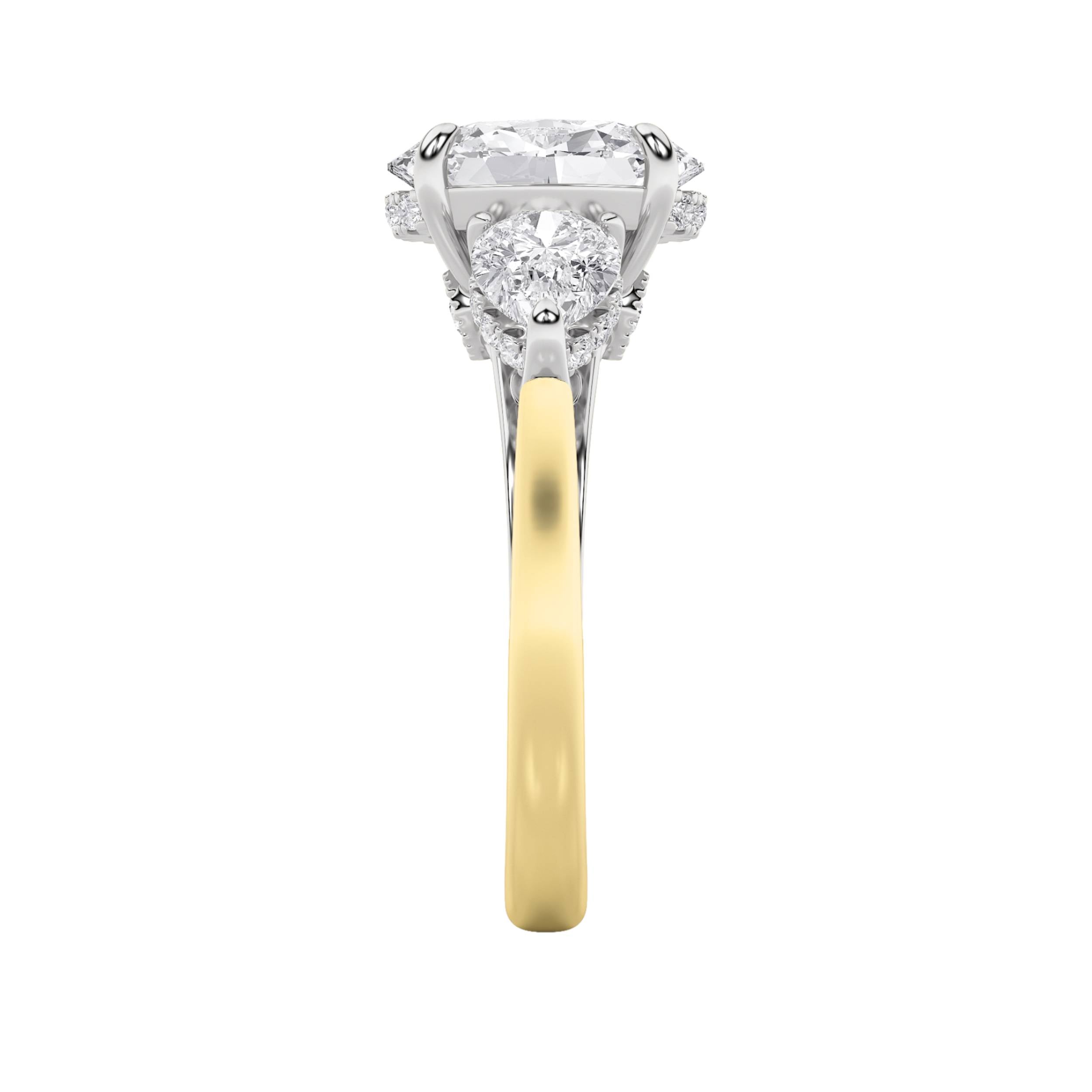 4CTW Oval Shaped Lab Grown Diamond (F/VS) Accented Three Stone Ring in 14K Gold