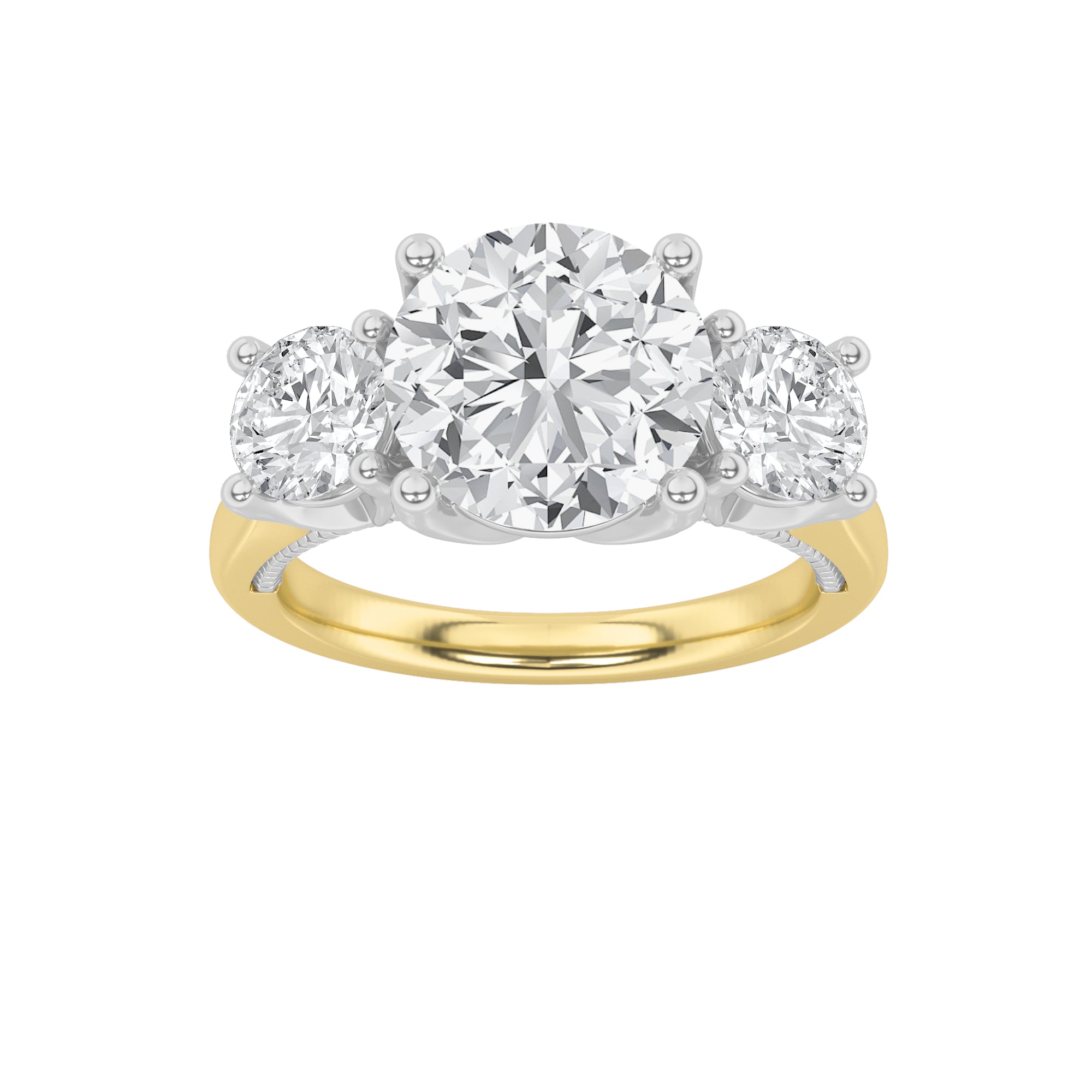 4CTW Round Shaped Lab Grown Diamond (F/VS) Accented Three Stone Ring in 14K Gold